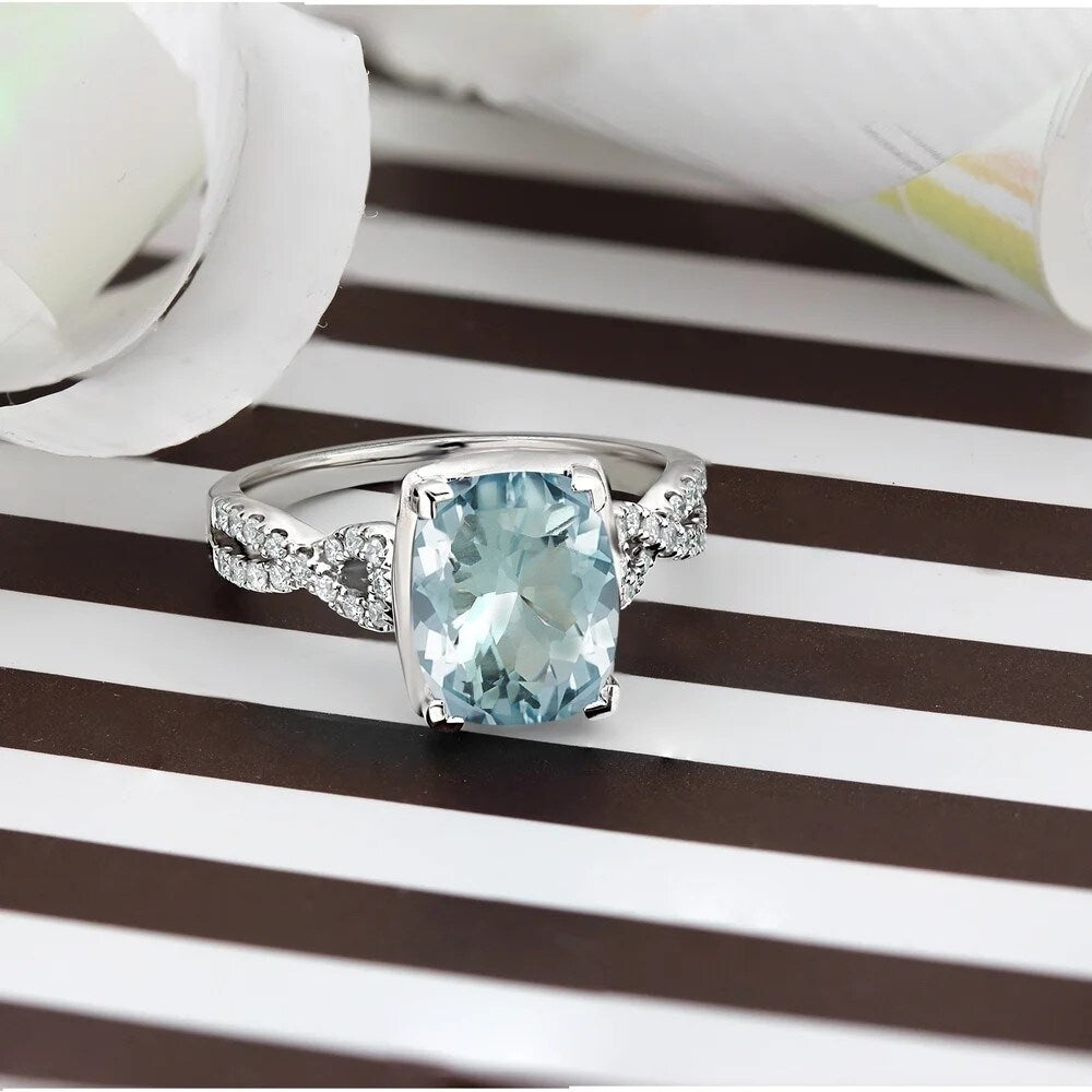 14K Gold 2 1 3Ct Fancy Cushion Aquamarine And 1 5Ct Tdw Diamond Engagement Ring By Auriya