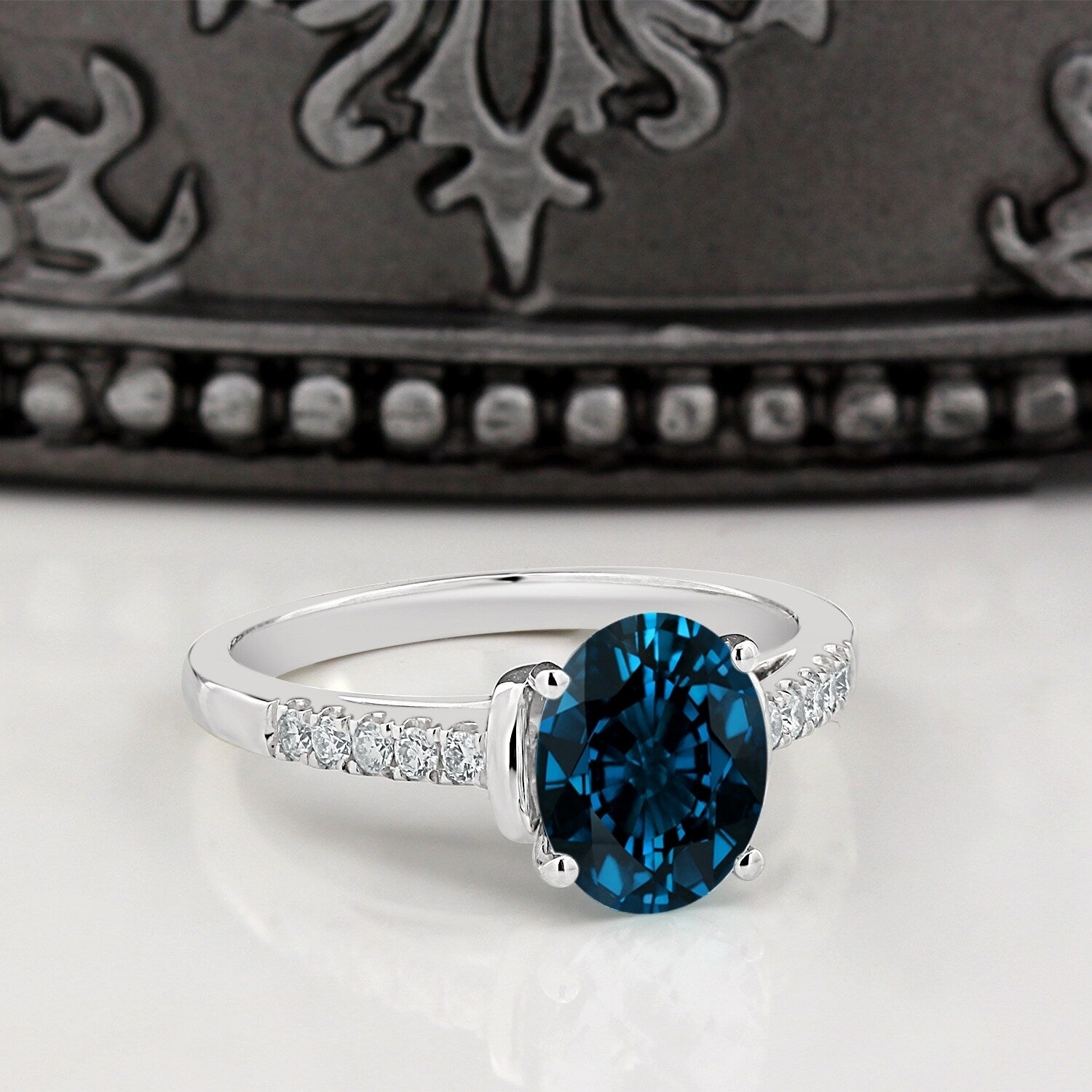14Kt Fancy 2Ct Oval London Blue Topaz And 1 6Ct Tdw Diamond Engagement Ring