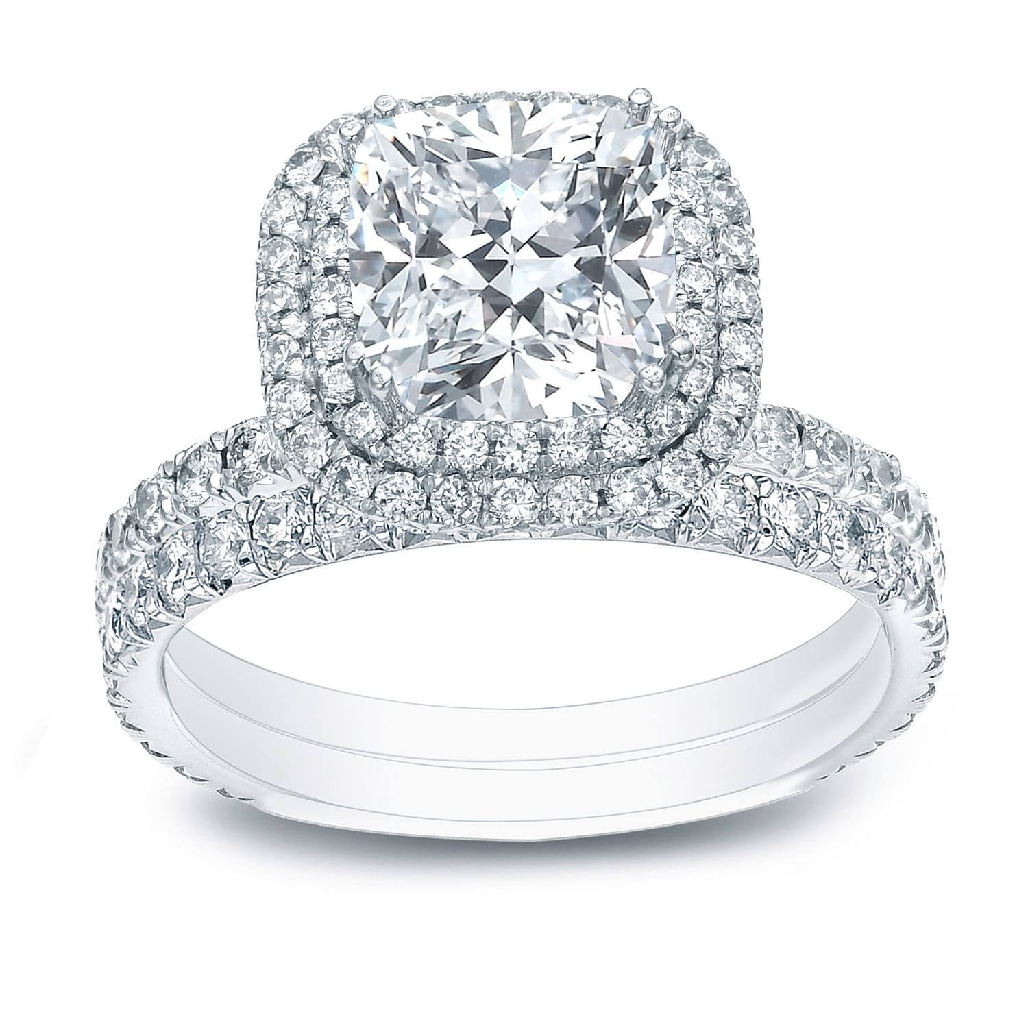 Auriya 2Ctw Double Halo Cushion Cut Diamond Engagement Ring Set 14K Gold Certified