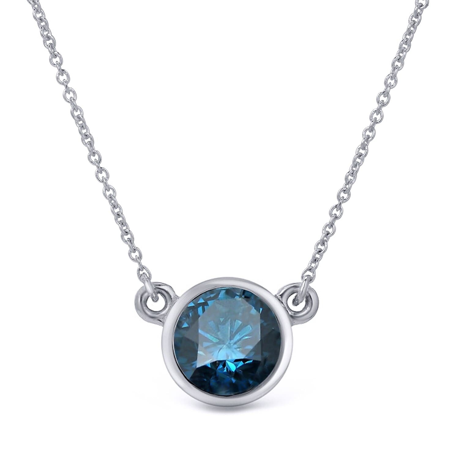Auriya 3 4Ctw Round Solitaire Blue Diamond Necklace 14K Gold Bezel Set I1 I2