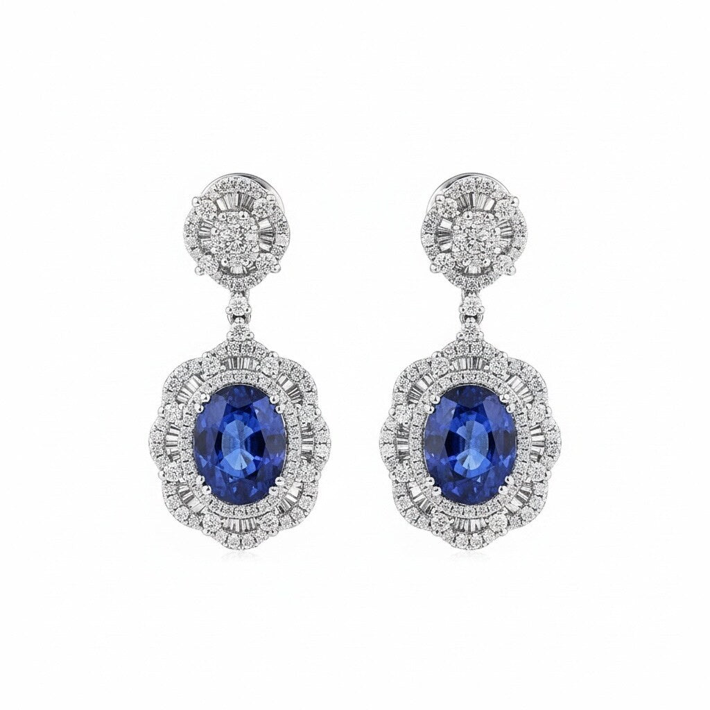 Auriya Fancy 8 1 5Ct Royal Blue Sapphire Oval And 1 5 8Ctw Halo Diamond Dangling Earrings 18K Gold