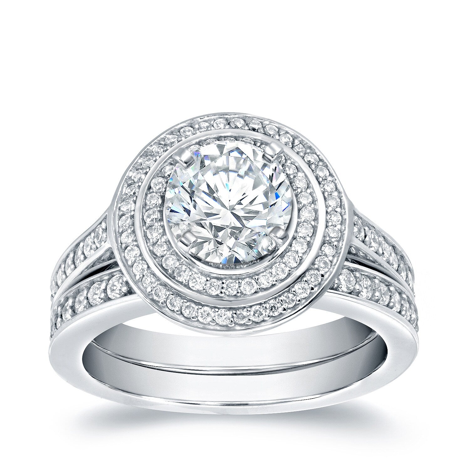 Auriya Unique Round 2 Carat Tdw Double Halo Diamond Engagement Ring Set 14K Gold