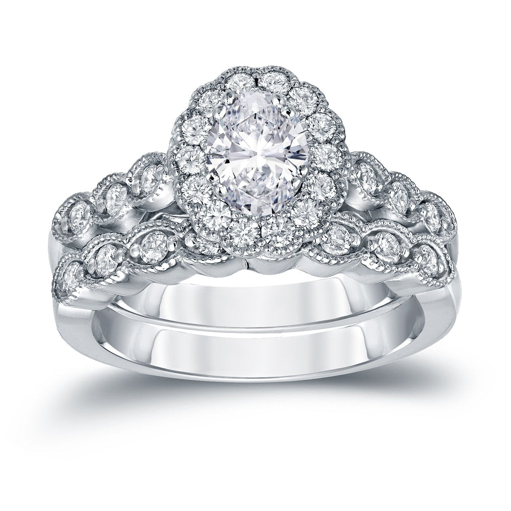 Platinum Vintage Inspired 1 3 5Ct Tdw Oval Diamond With Halo Engagement Ring Set By Auriya