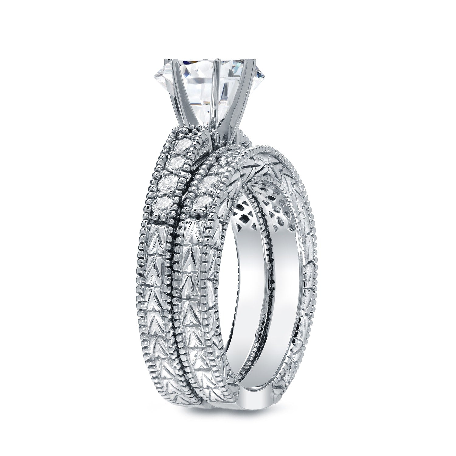 Auriya Vintage Inspired 1 1 2Ct Tdw Round Center Diamond Bridal Set 14K Gold Certified