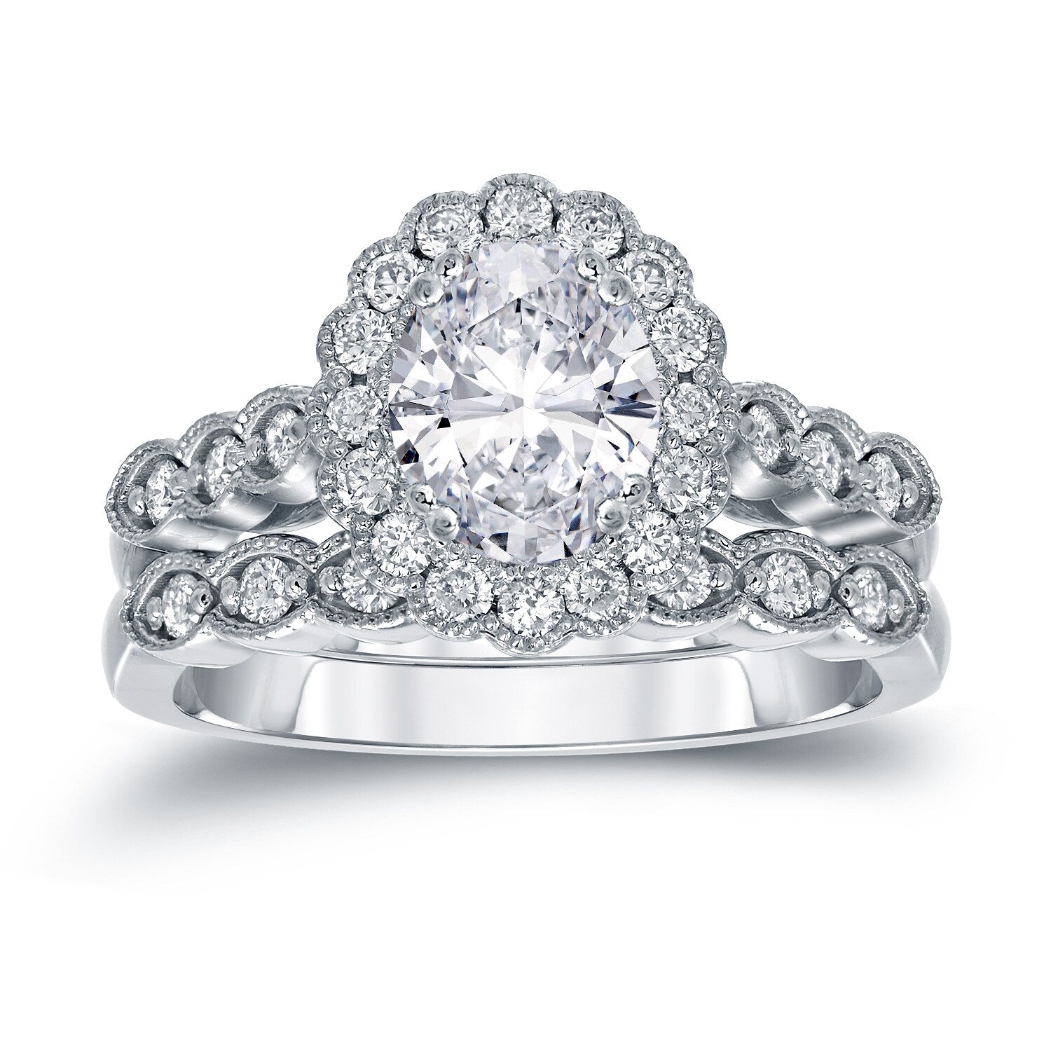 Platinum Vintage Inspired 2 1 6Ct Tdw Oval Diamond With Halo Engagement Ring Set By Auriya