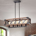 Aurora Antique Black Rectangular Metal And Natural Wood Chandelier N A