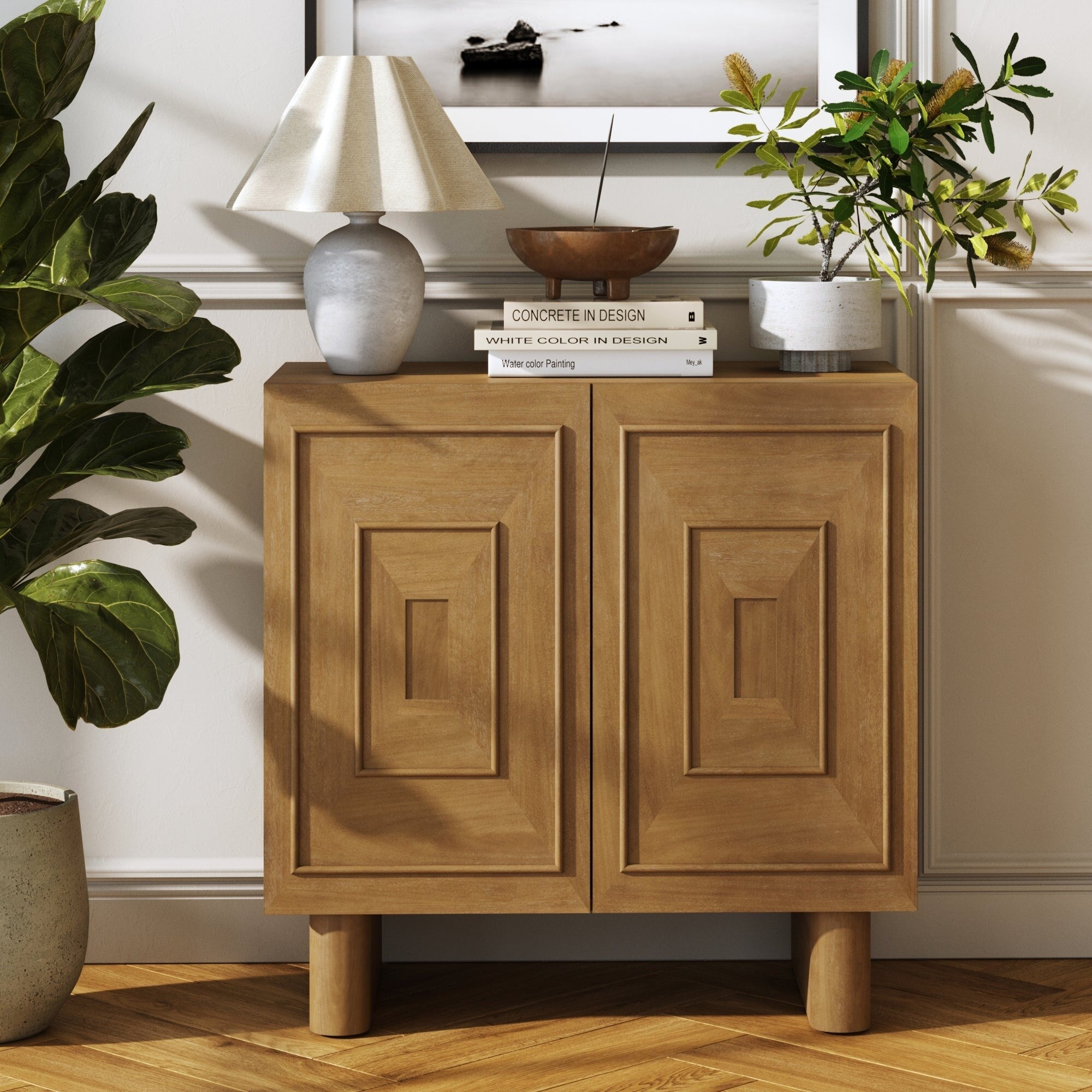 Austin Mid Century Modern Solid Wood Bar Cabinet Or Dining Room Buffet With Geometric Doors