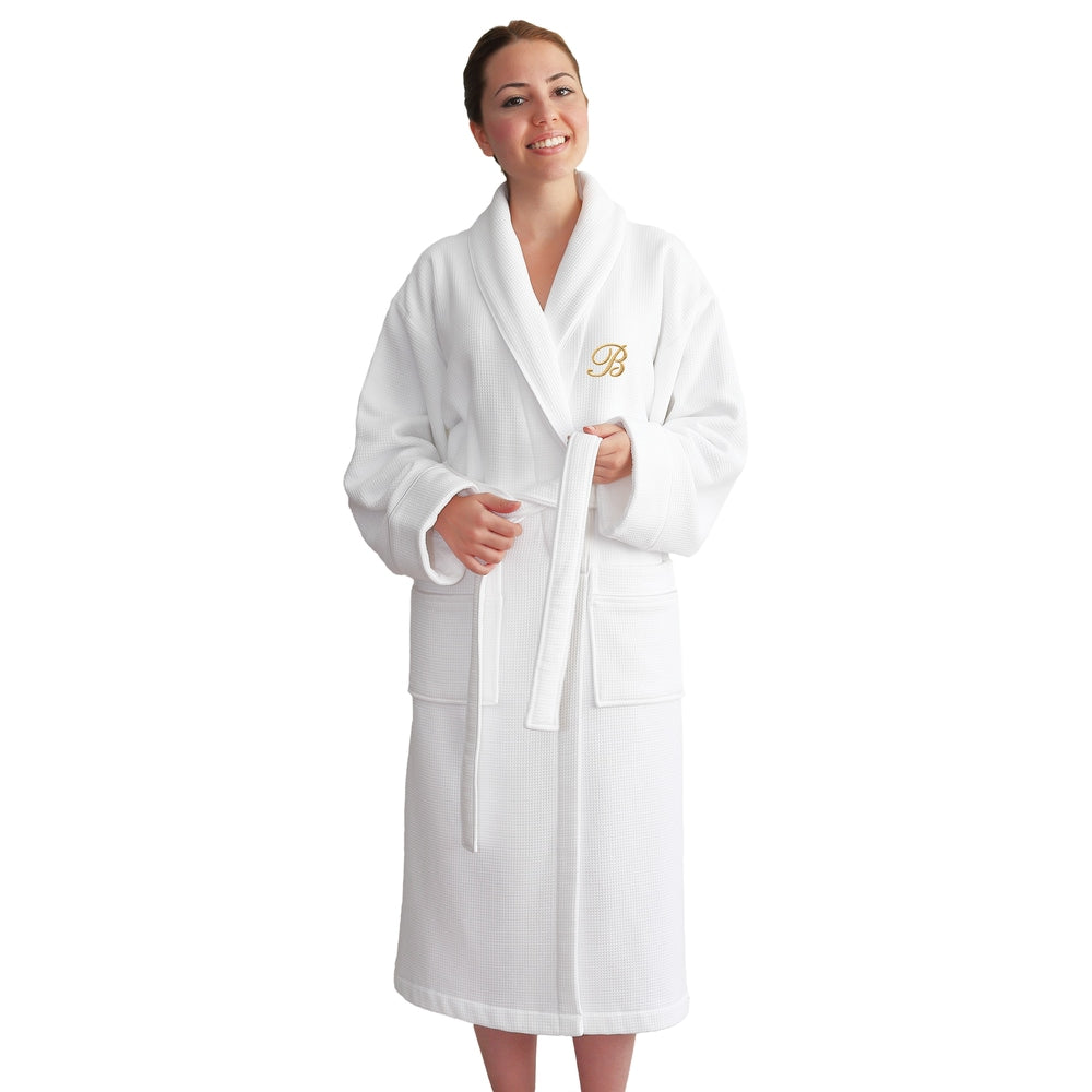 Authentic Hotel And Spa Unisex Gold Monogrammed Turkish Cotton Waffle Weave Terry Bath Robe