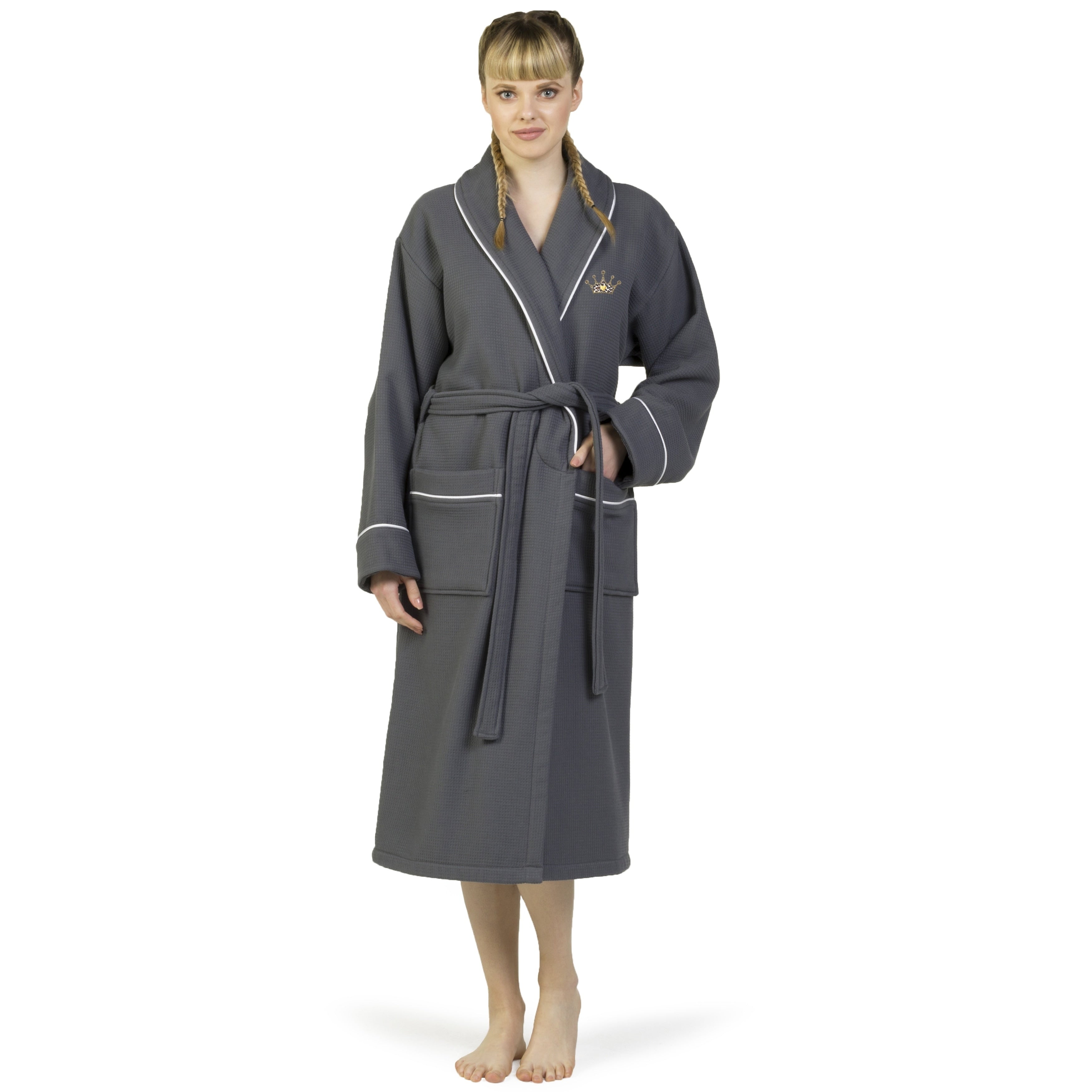 Authentic Hotel And Spa 100 Turkish Cotton Waffle Terry Bathrobe With Satin Piped Trim And Embroidered Cheetah Crown Design
