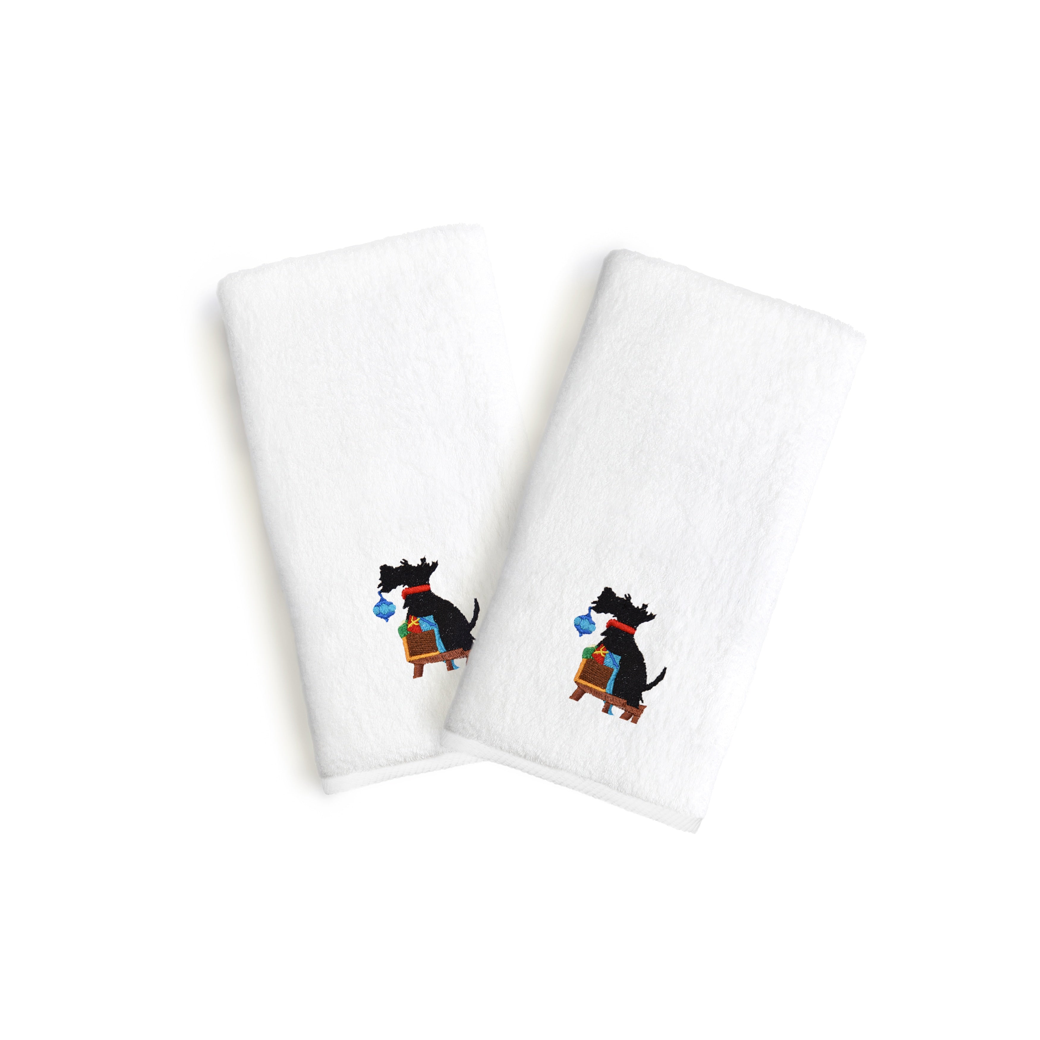 Authentic Hotel And Spa 2 Piece Turkish Cotton Hand Towels With Holiday Scottie Dog Embroidery Set Of 2