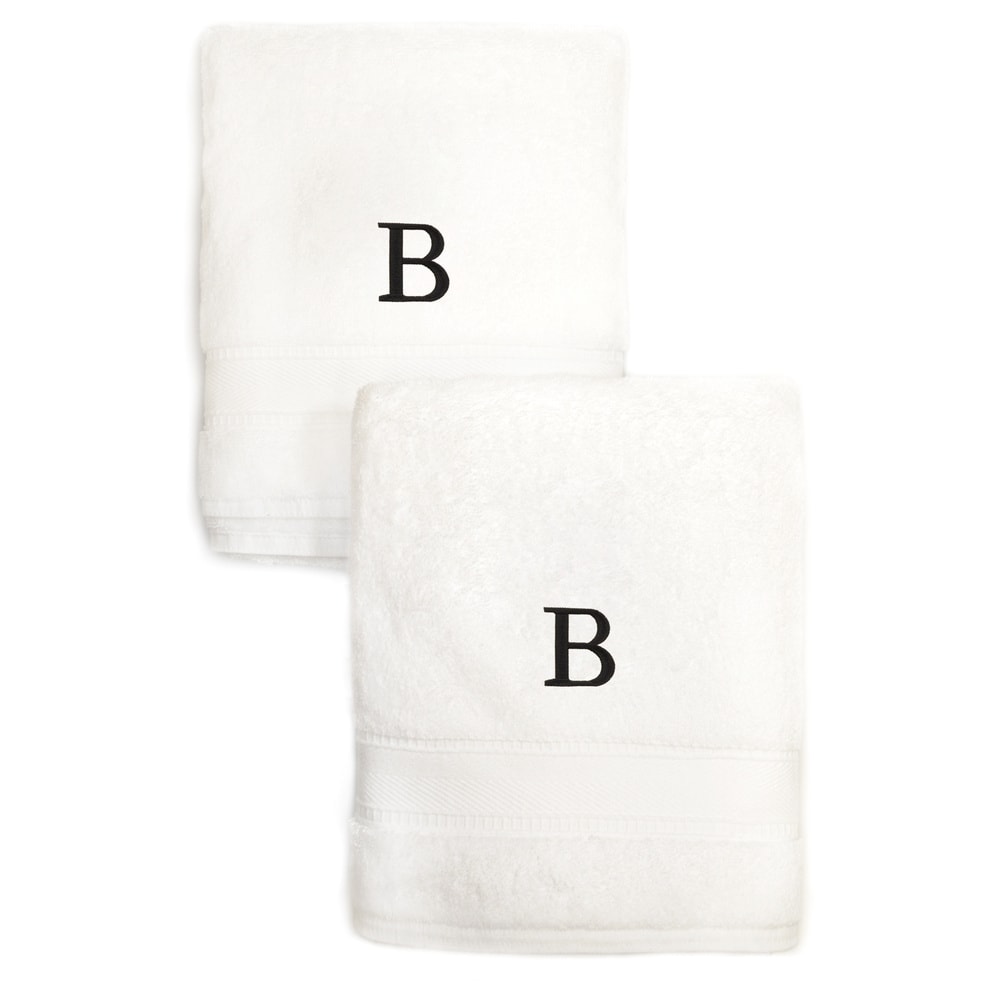 Authentic Hotel And Spa 2 Piece White Turkish Cotton Hand Towels With Black Monogrammed Initial