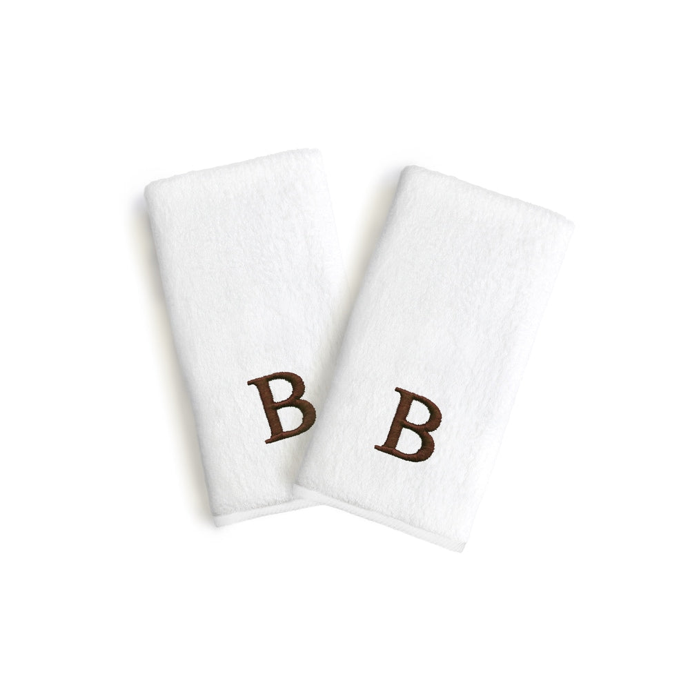 Authentic Hotel And Spa 2 Piece White Turkish Cotton Hand Towels With Brown Block Monogrammed Initial