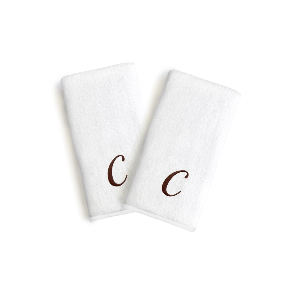 Authentic Hotel And Spa 2 Piece White Turkish Cotton Hand Towels With Brown Script Monogrammed Initial