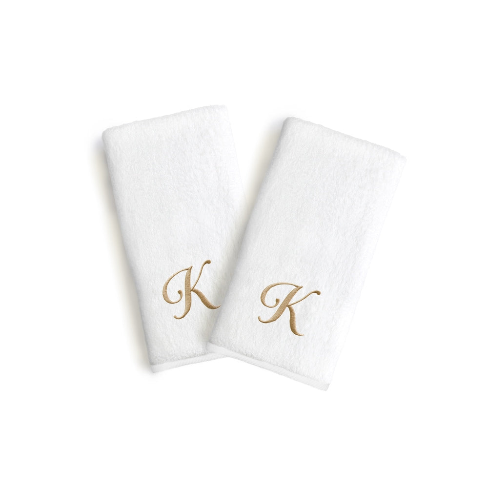Copper Grove Belgrad 2 Piece White Turkish Cotton Hand Towels With Gold Script Monogrammed Initial