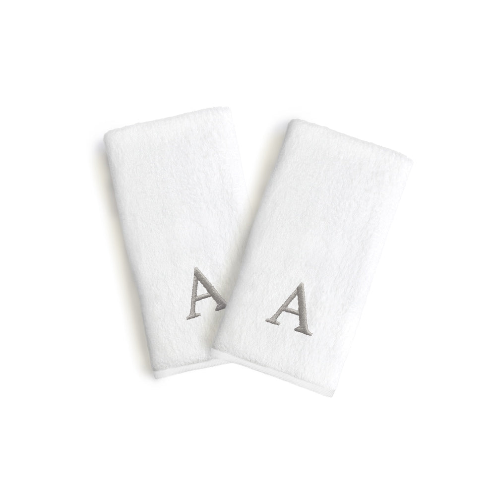 Authentic Hotel And Spa 2 Piece White Turkish Cotton Hand Towels With Grey Block Monogrammed Initial