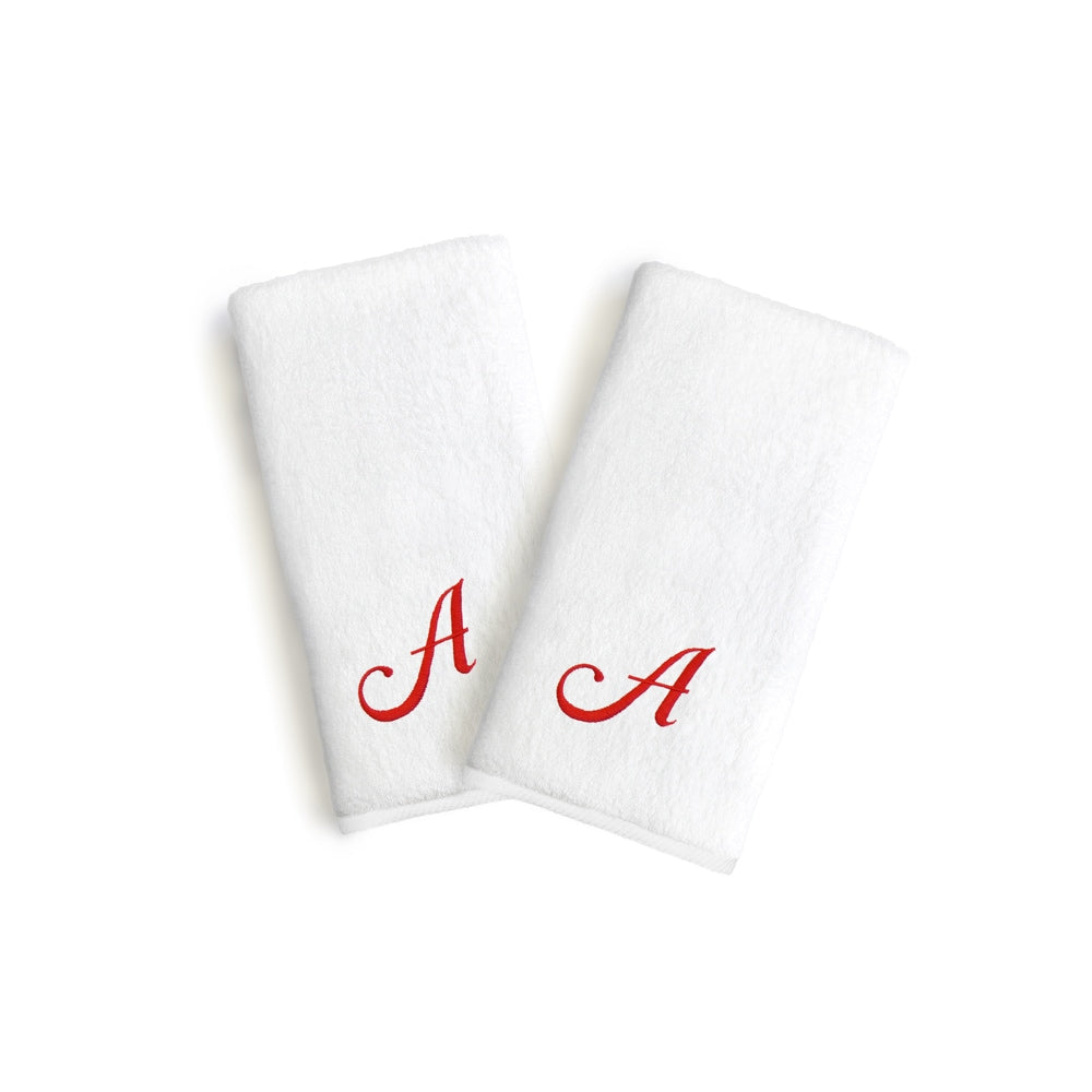 Authentic Hotel And Spa 2 Piece White Turkish Cotton Hand Towels With Holiday Red Script Monogrammed Initial