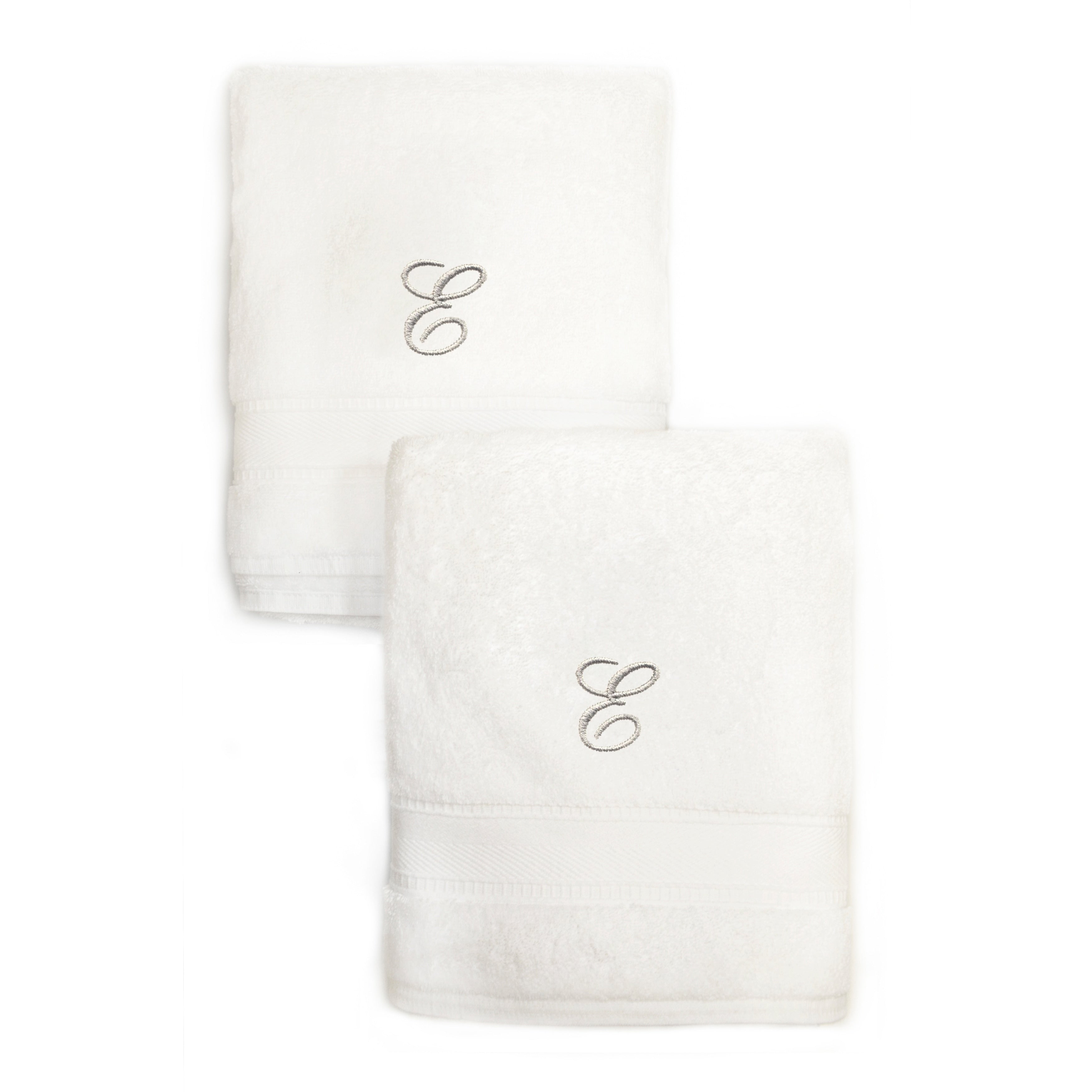 Authentic Hotel And Spa 2 Piece White Turkish Cotton Hand Towels With Silver Script Monogrammed Initial