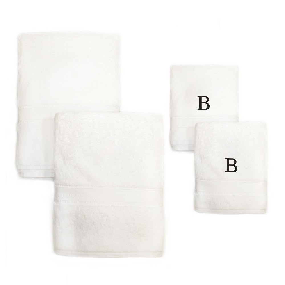 Authentic Hotel And Spa 4 Piece White Turkish Cotton Towel Set With Black Monogrammed Initial Hand Towel