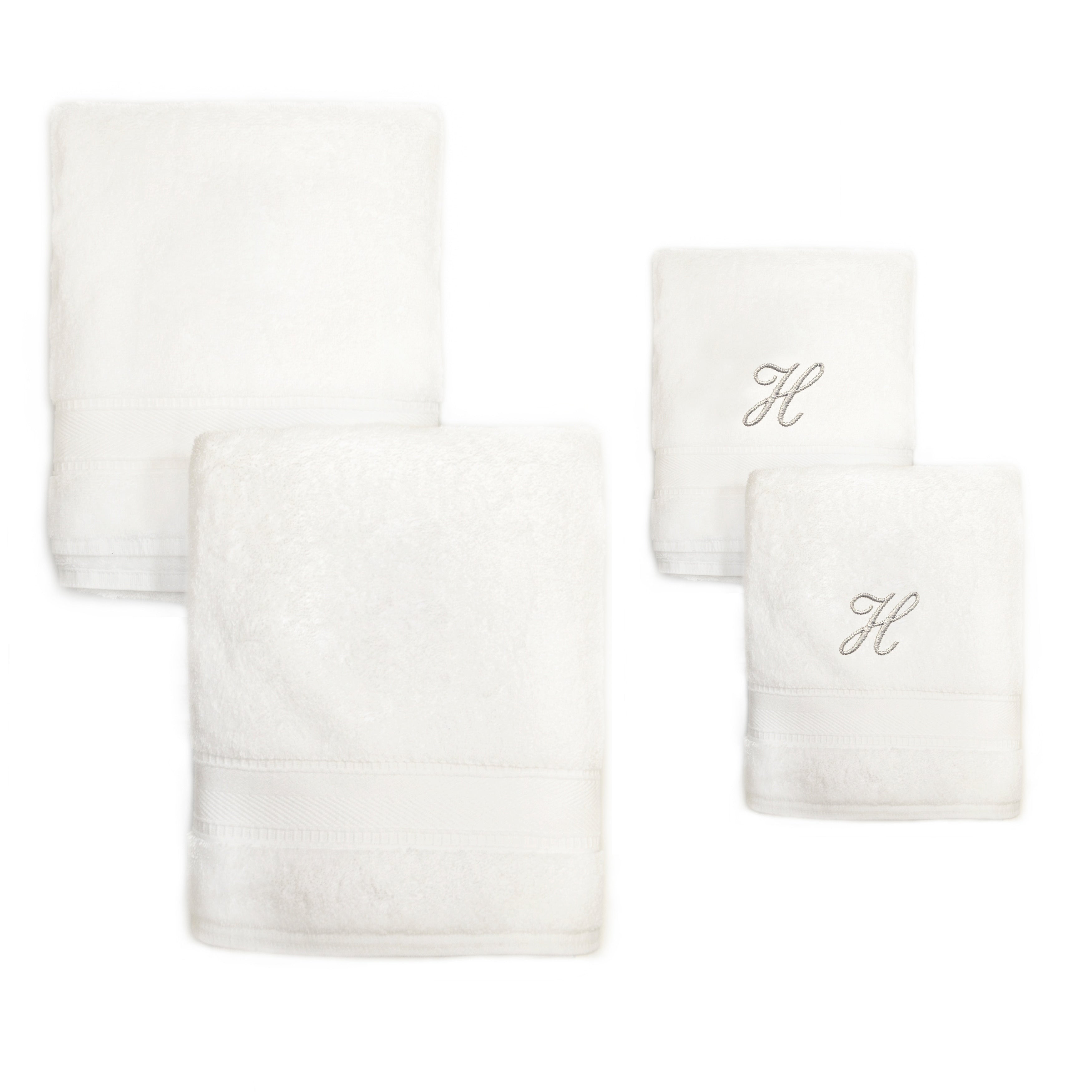 Authentic Hotel And Spa 4 Piece White Turkish Cotton Towel Set With Silver Script Monogrammed Initial