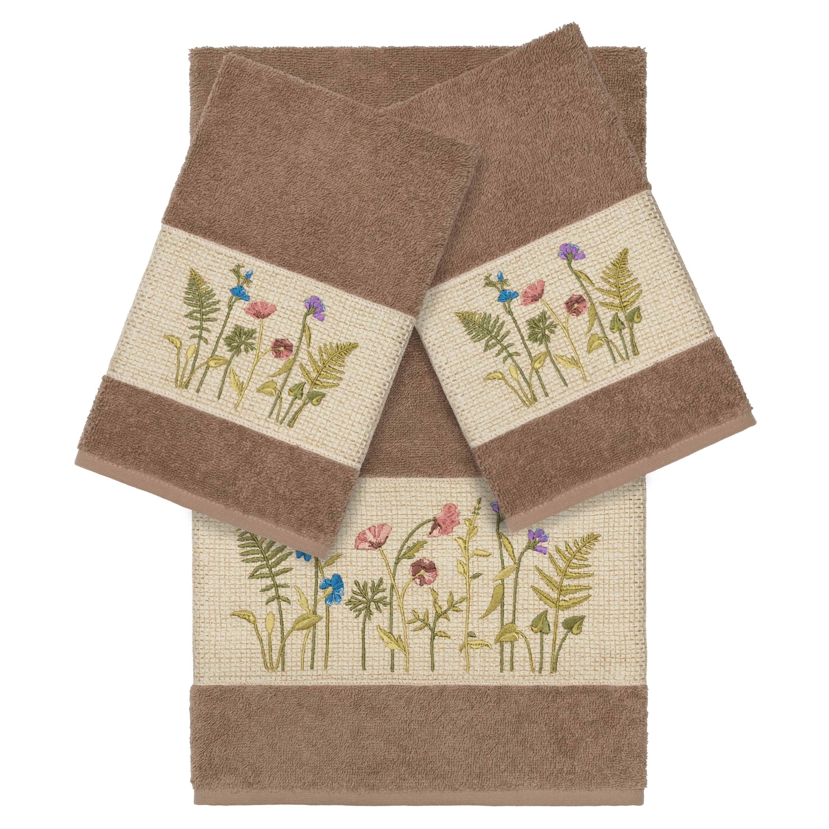Authentic Hotel And Spa Brown Turkish Cotton Wildflowers Embroidered 3 Piece Towel Set
