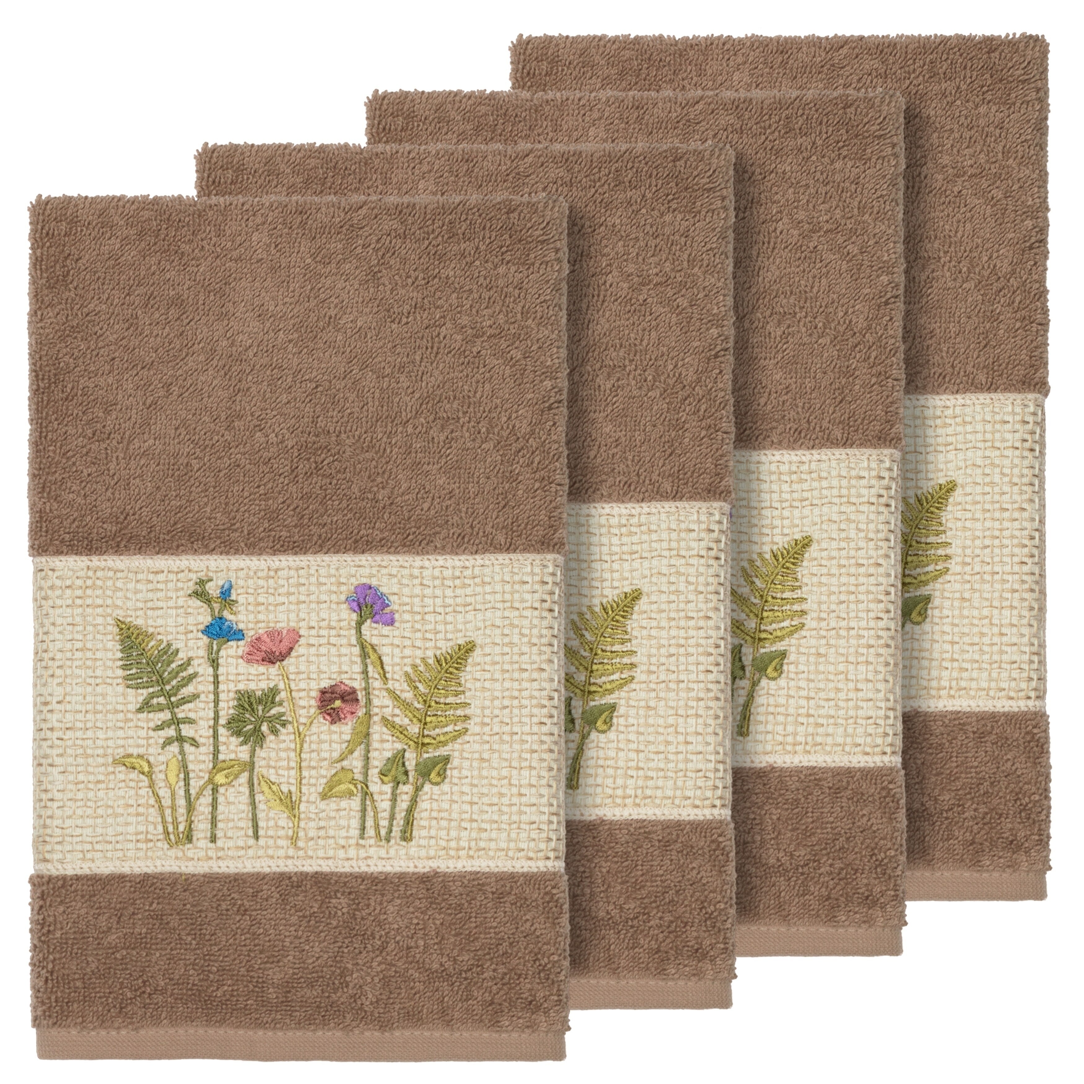 Authentic Hotel And Spa Brown Turkish Cotton Wildflowers Embroidered Hand Towels Set Of 4