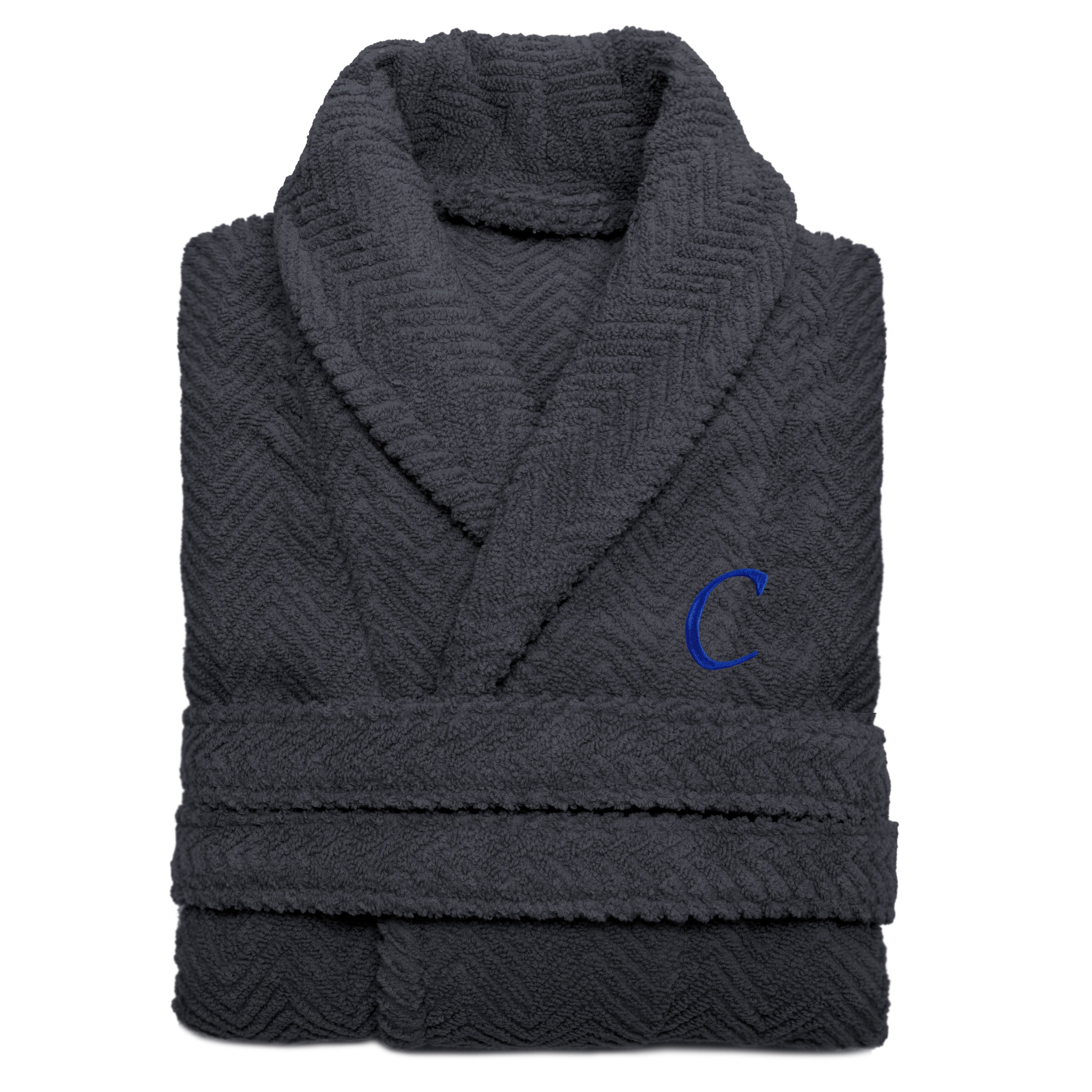 Authentic Hotel And Spa Charcoal Grey With Blue Monogrammed Herringbone Weave Turkish Cotton Unisex Bath Robe