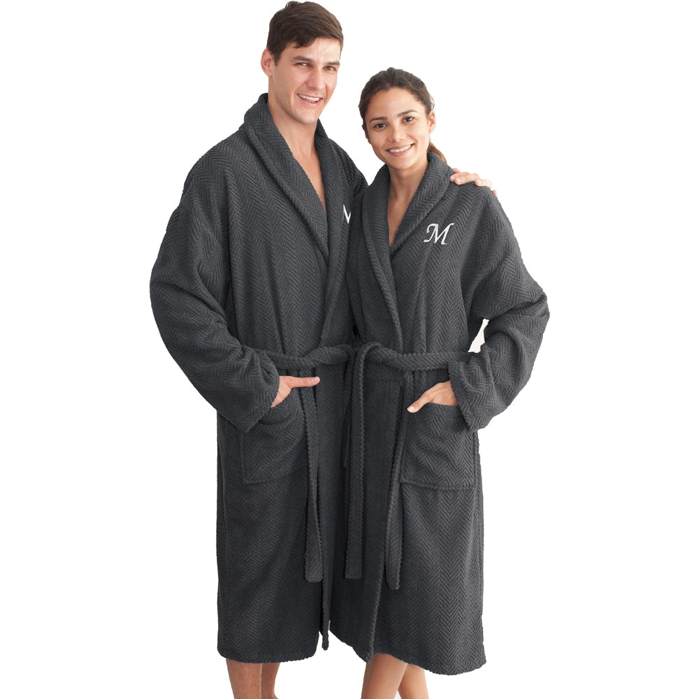 Authentic Hotel And Spa Charcoal Grey With White Monogrammed Herringbone Weave Turkish Cotton Unisex Bath Robe