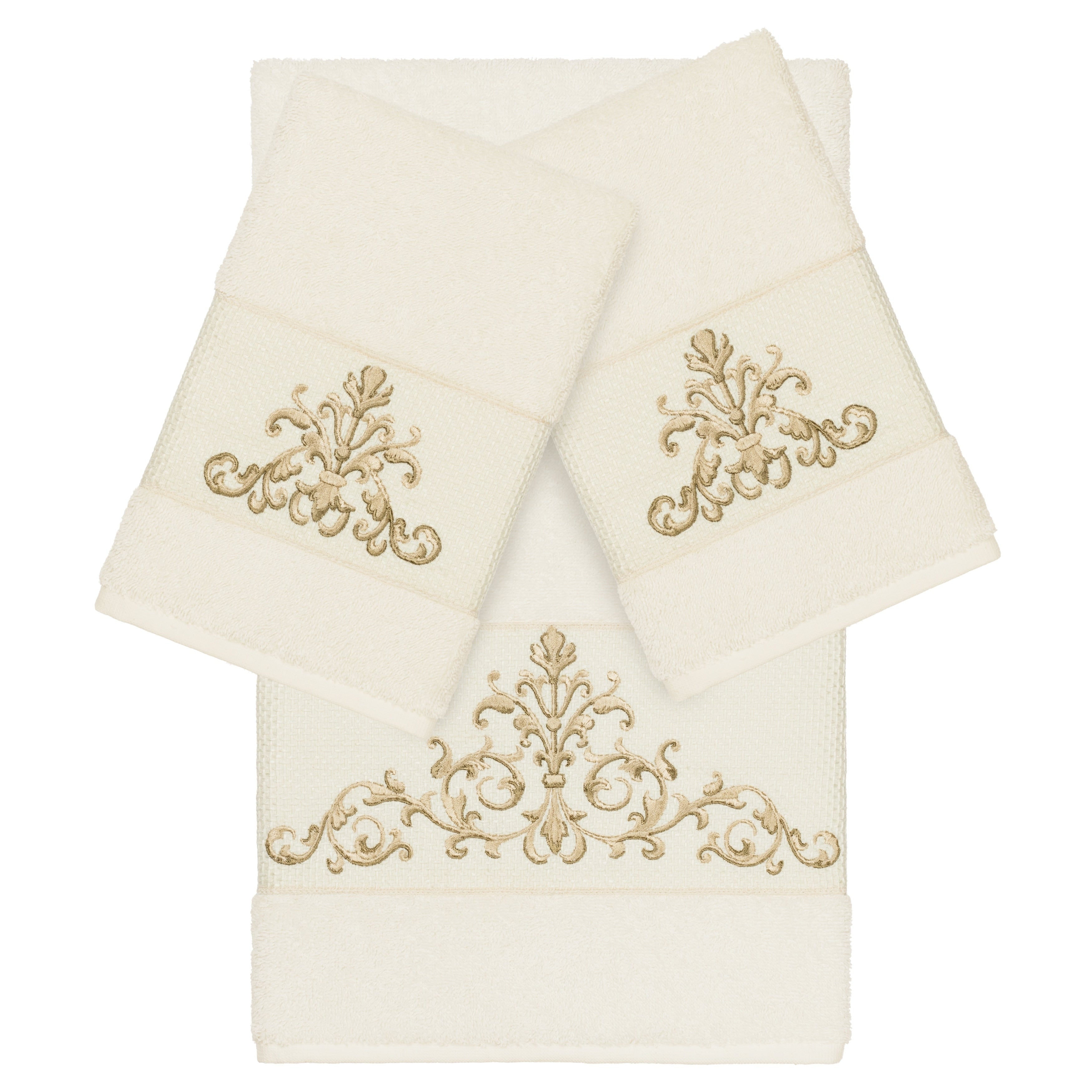Authentic Hotel And Spa Cream Turkish Cotton Scrollwork Embroidered 3 Piece Towel Set