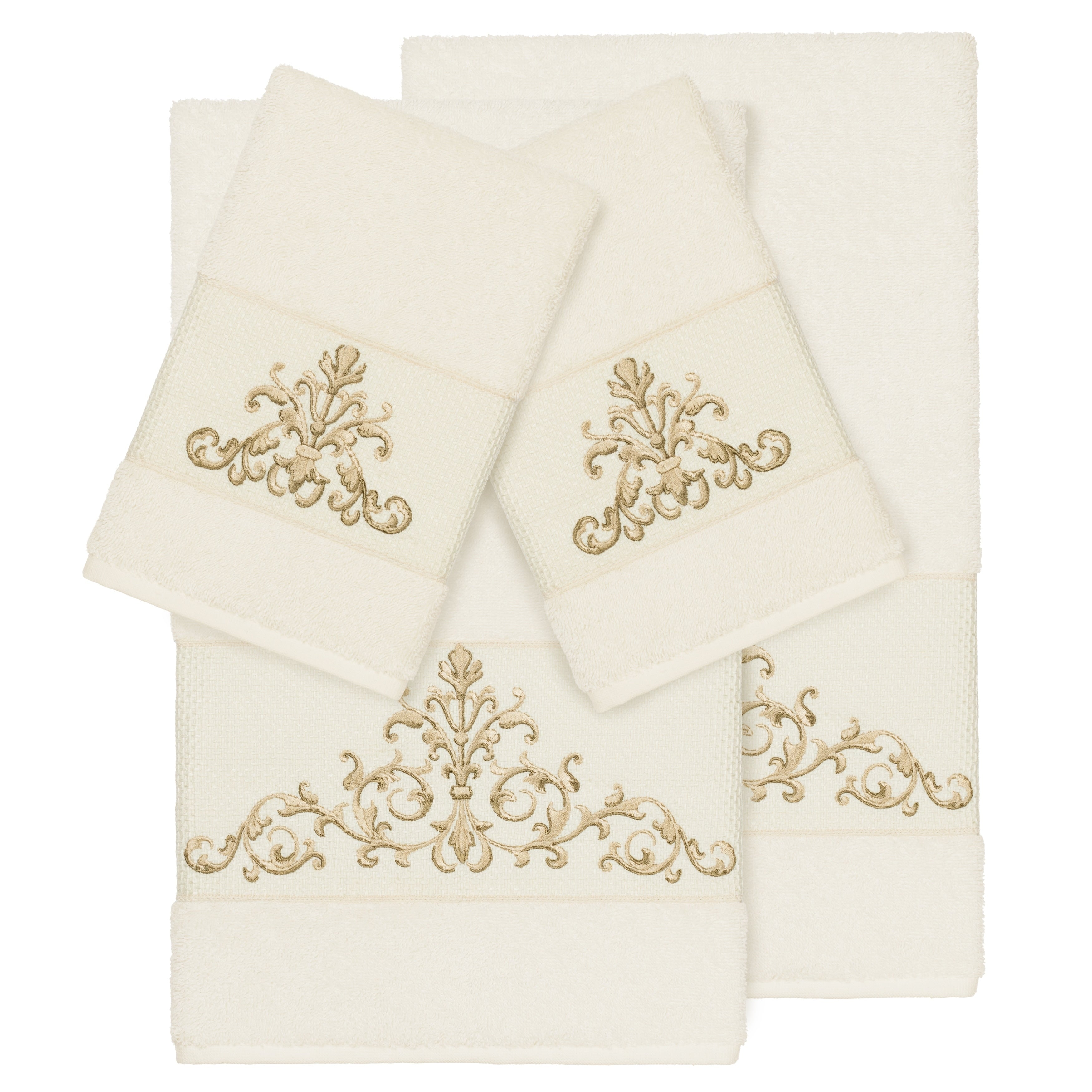 Authentic Hotel And Spa Cream Turkish Cotton Scrollwork Embroidered 4 Piece Towel Set