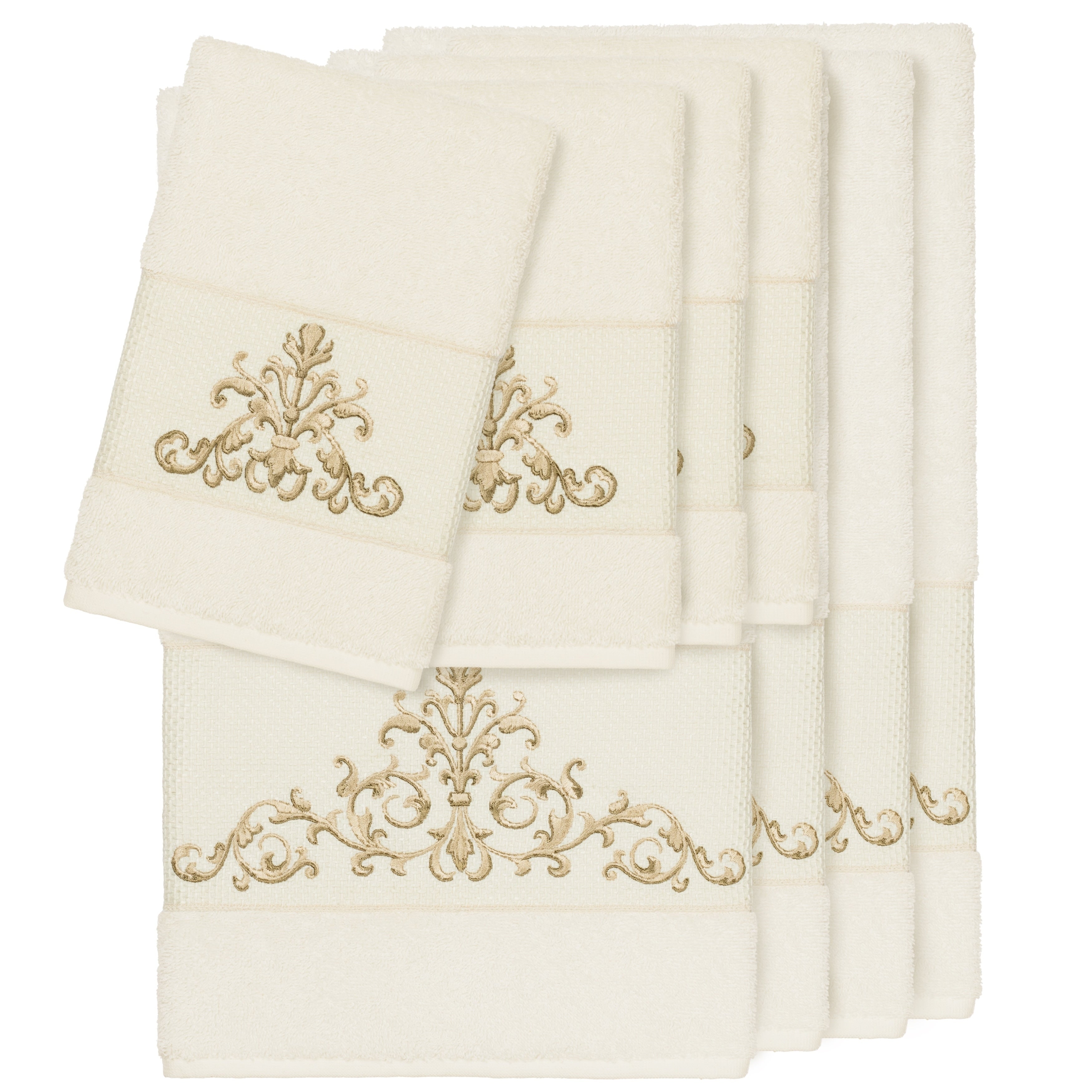 Authentic Hotel And Spa Cream Turkish Cotton Scrollwork Embroidered 8 Piece Towel Set