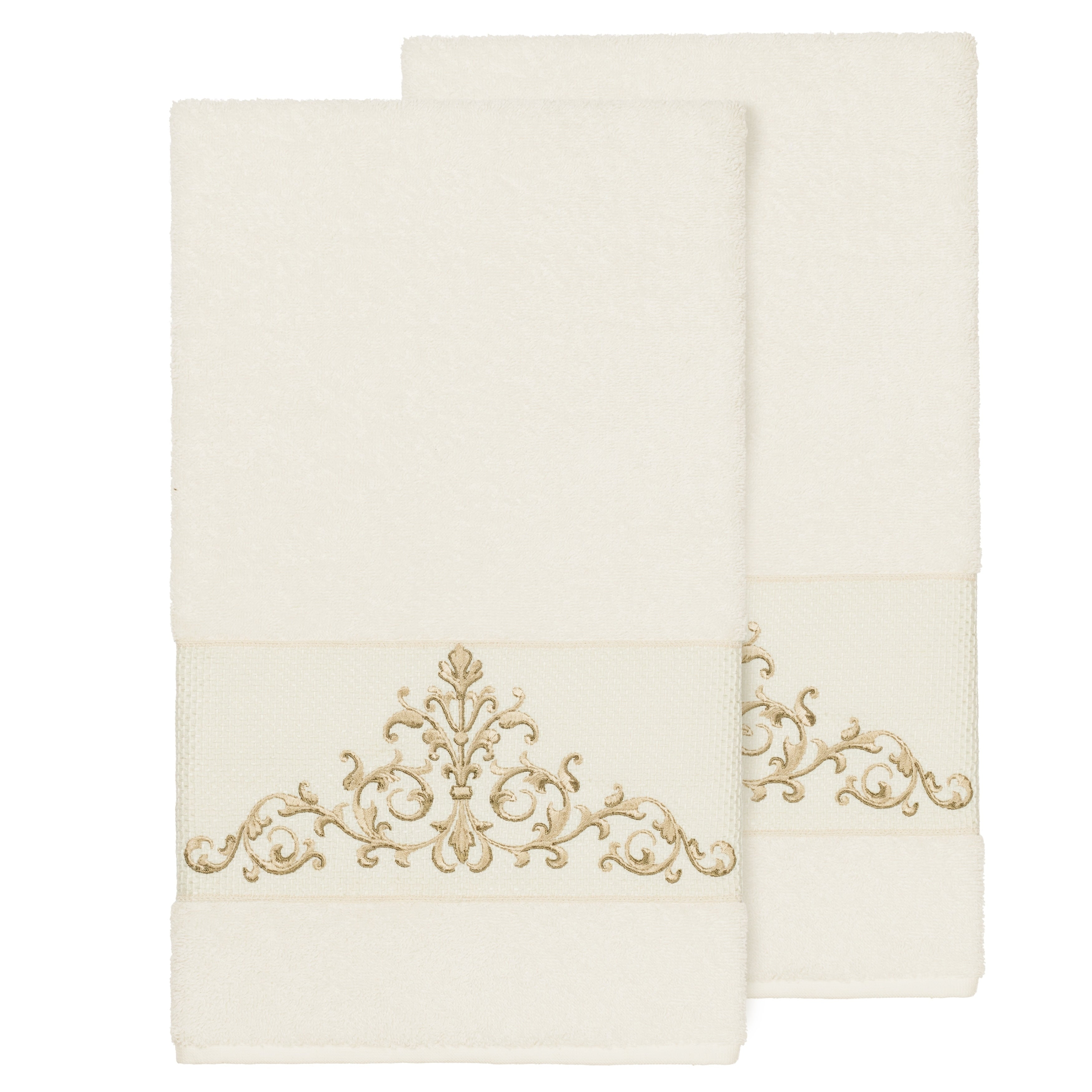 Authentic Hotel And Spa Cream Turkish Cotton Scrollwork Embroidered Bath Towels Set Of 2