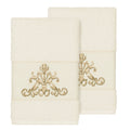 Authentic Hotel And Spa Cream Turkish Cotton Scrollwork Embroidered Hand Towels Set Of 2