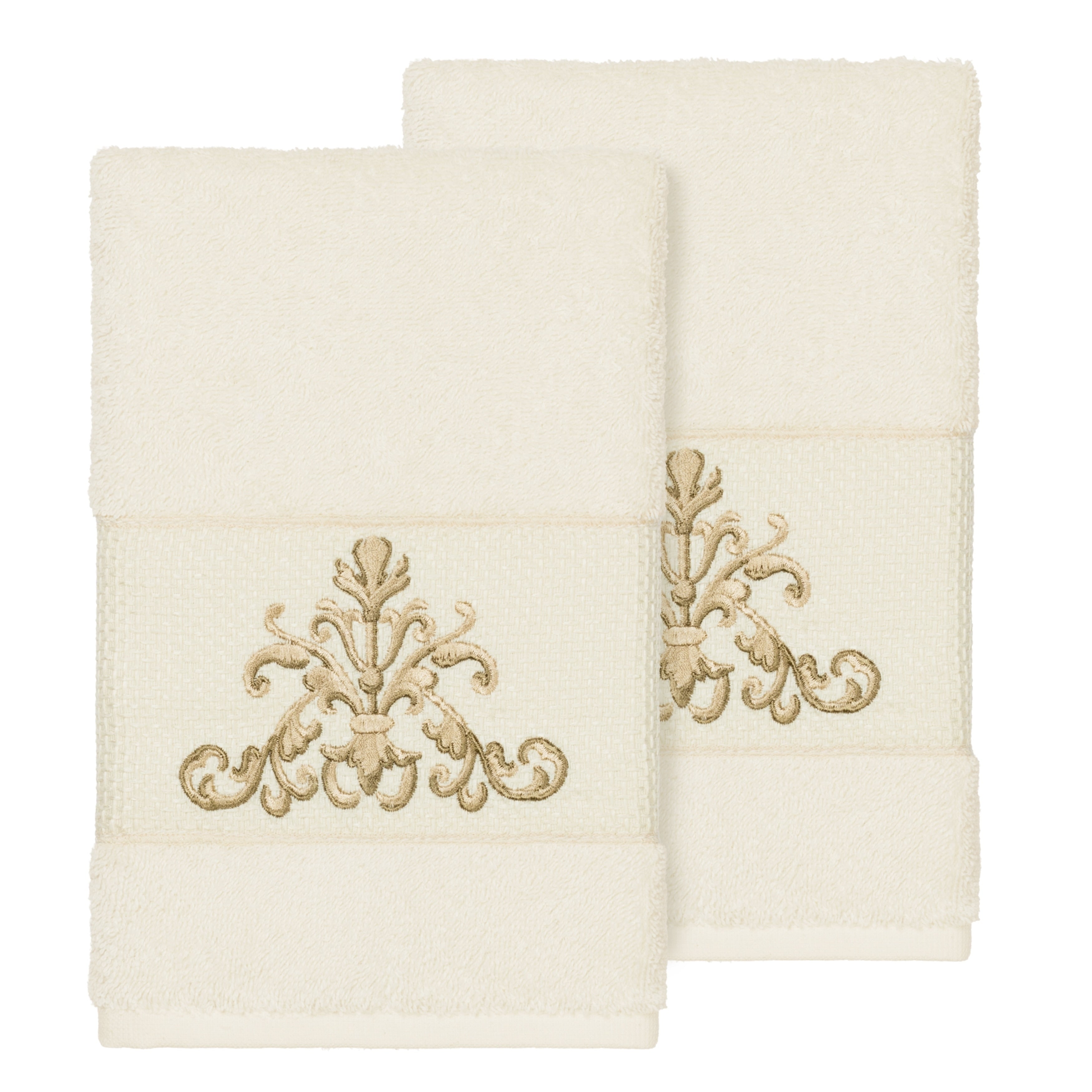 Authentic Hotel And Spa Cream Turkish Cotton Scrollwork Embroidered Hand Towels Set Of 2