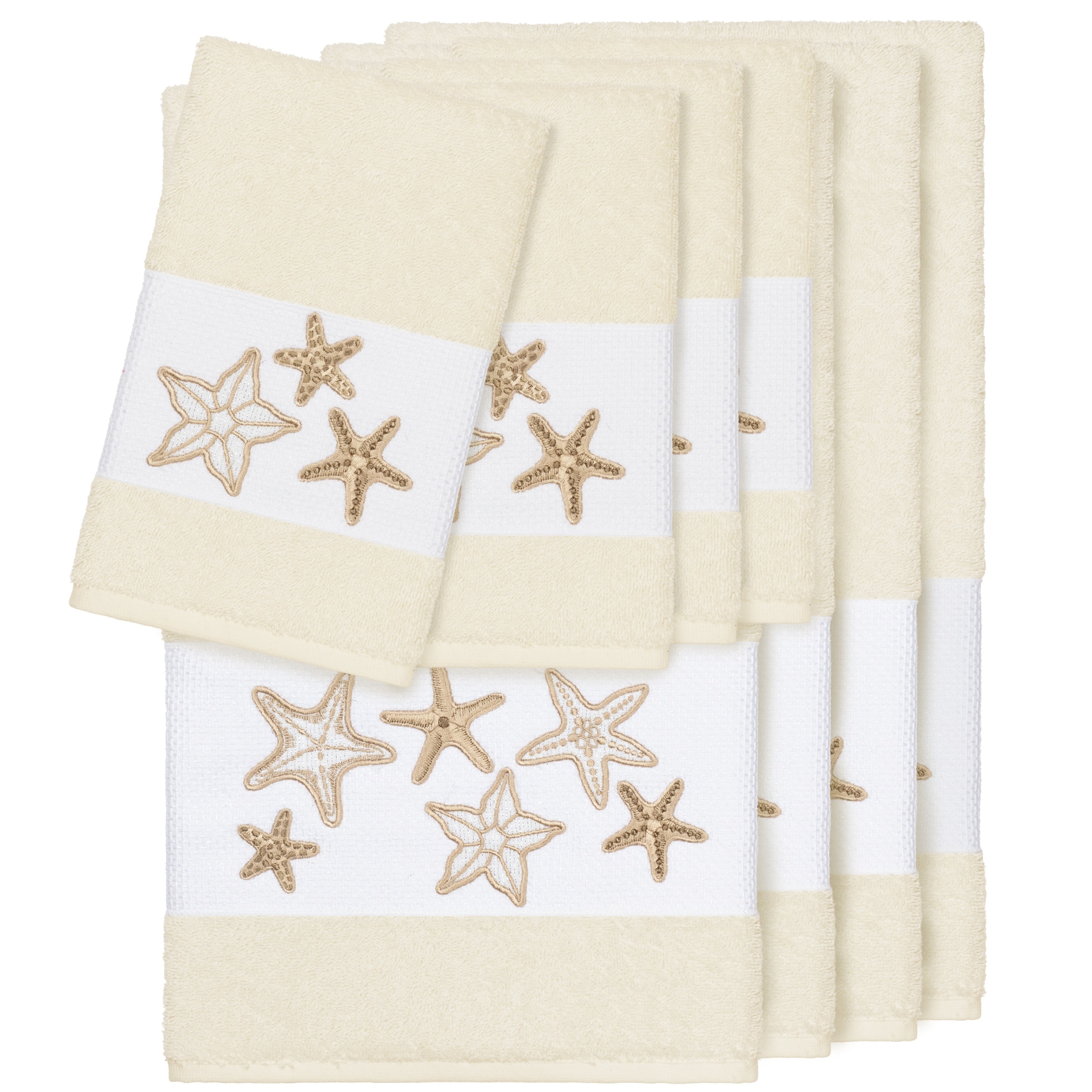 Authentic Hotel And Spa Cream Turkish Cotton Starfish Embroidered 8 Piece Towel Set