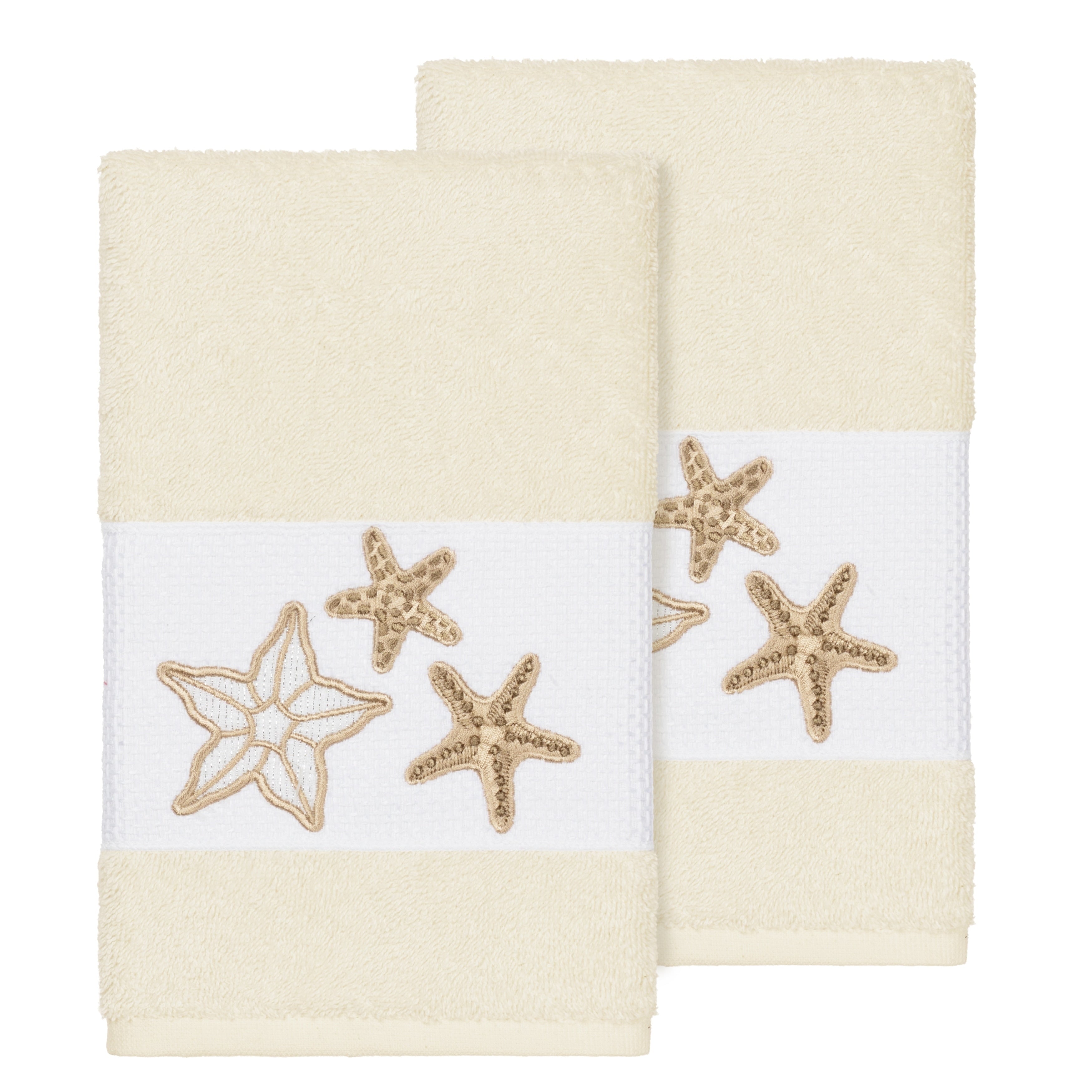 Authentic Hotel And Spa Cream Turkish Cotton Starfish Embroidered Hand Towels Set Of 2
