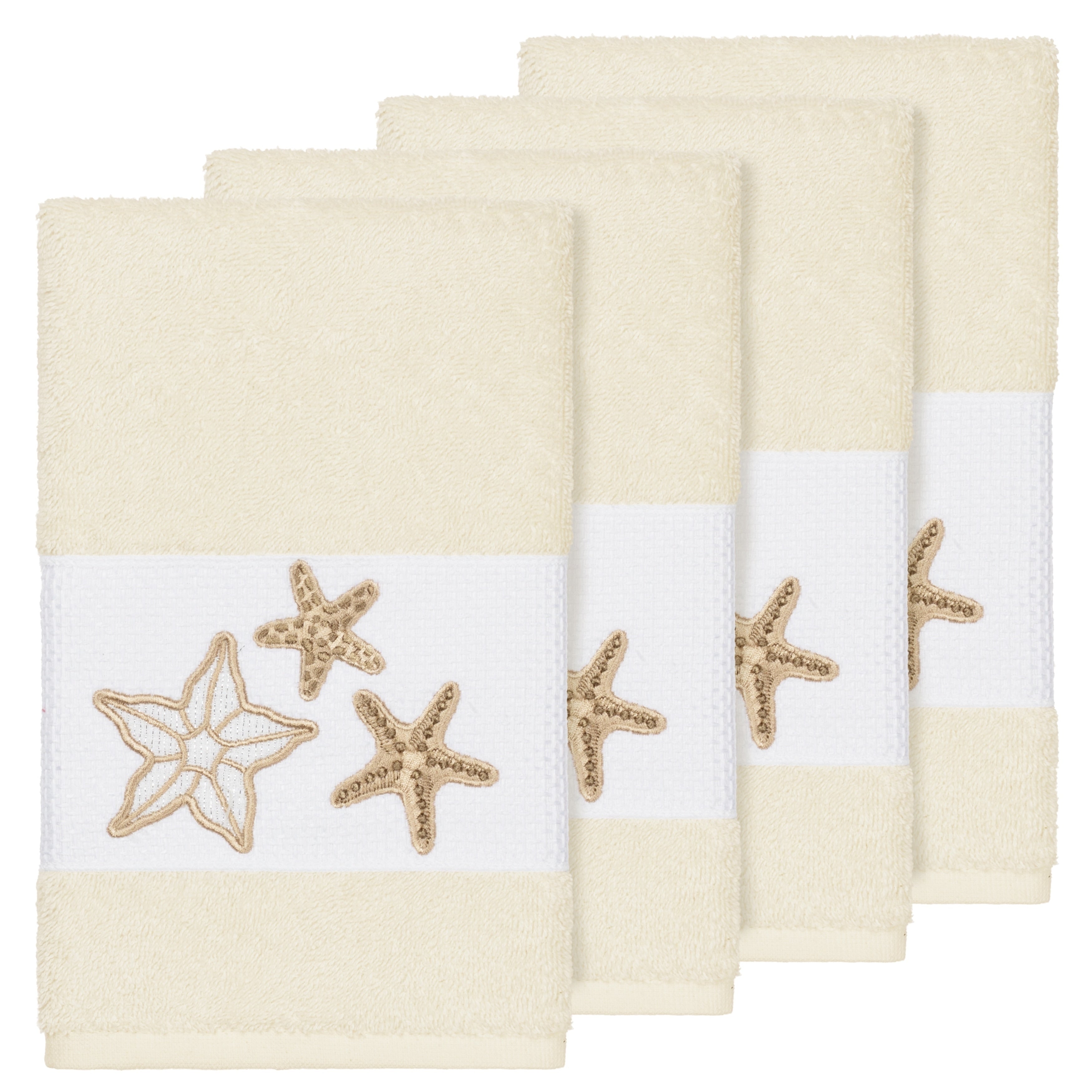 Authentic Hotel And Spa Cream Turkish Cotton Starfish Embroidered Hand Towels Set Of 4