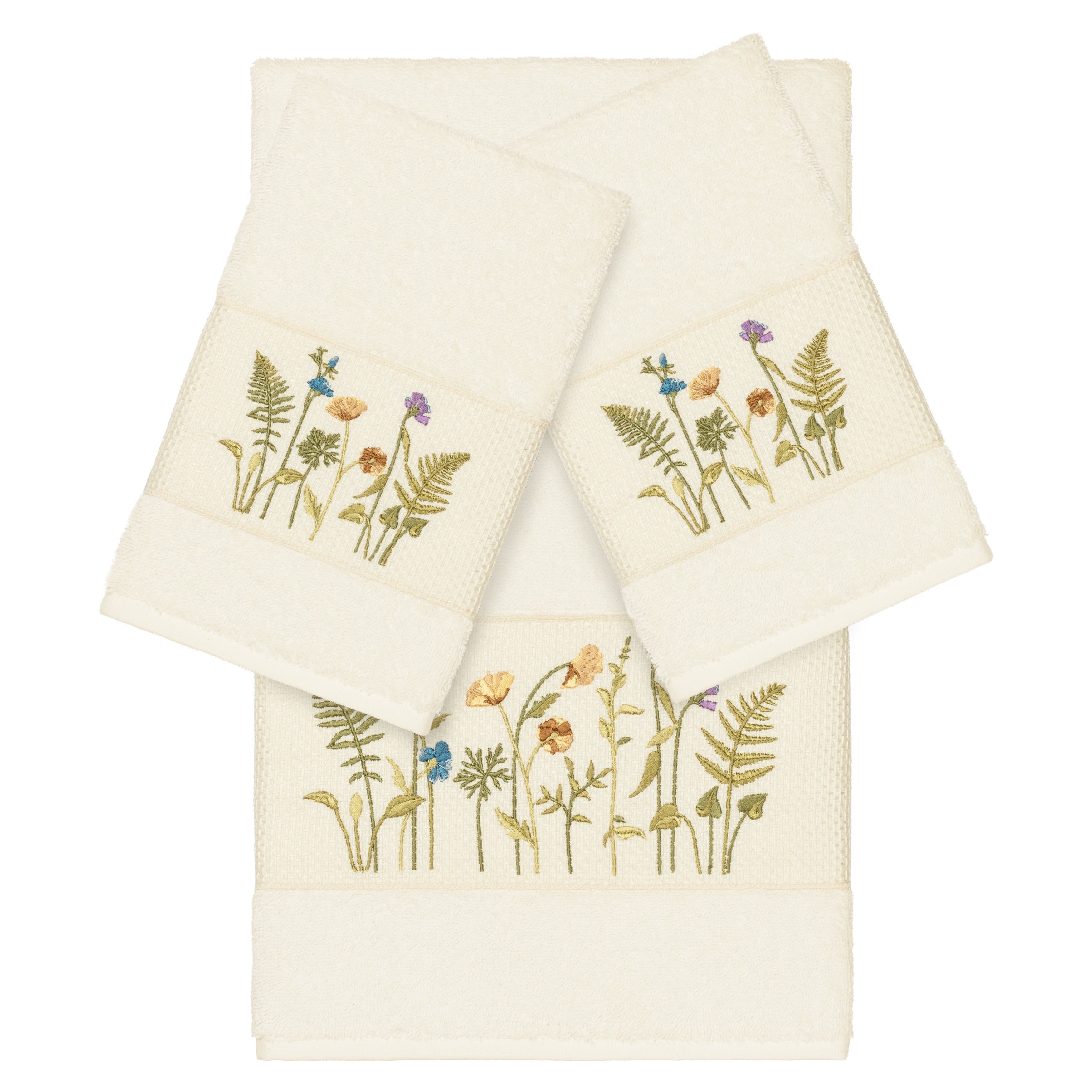 Authentic Hotel And Spa Cream Turkish Cotton Wildflowers Embroidered 3 Piece Towel Set