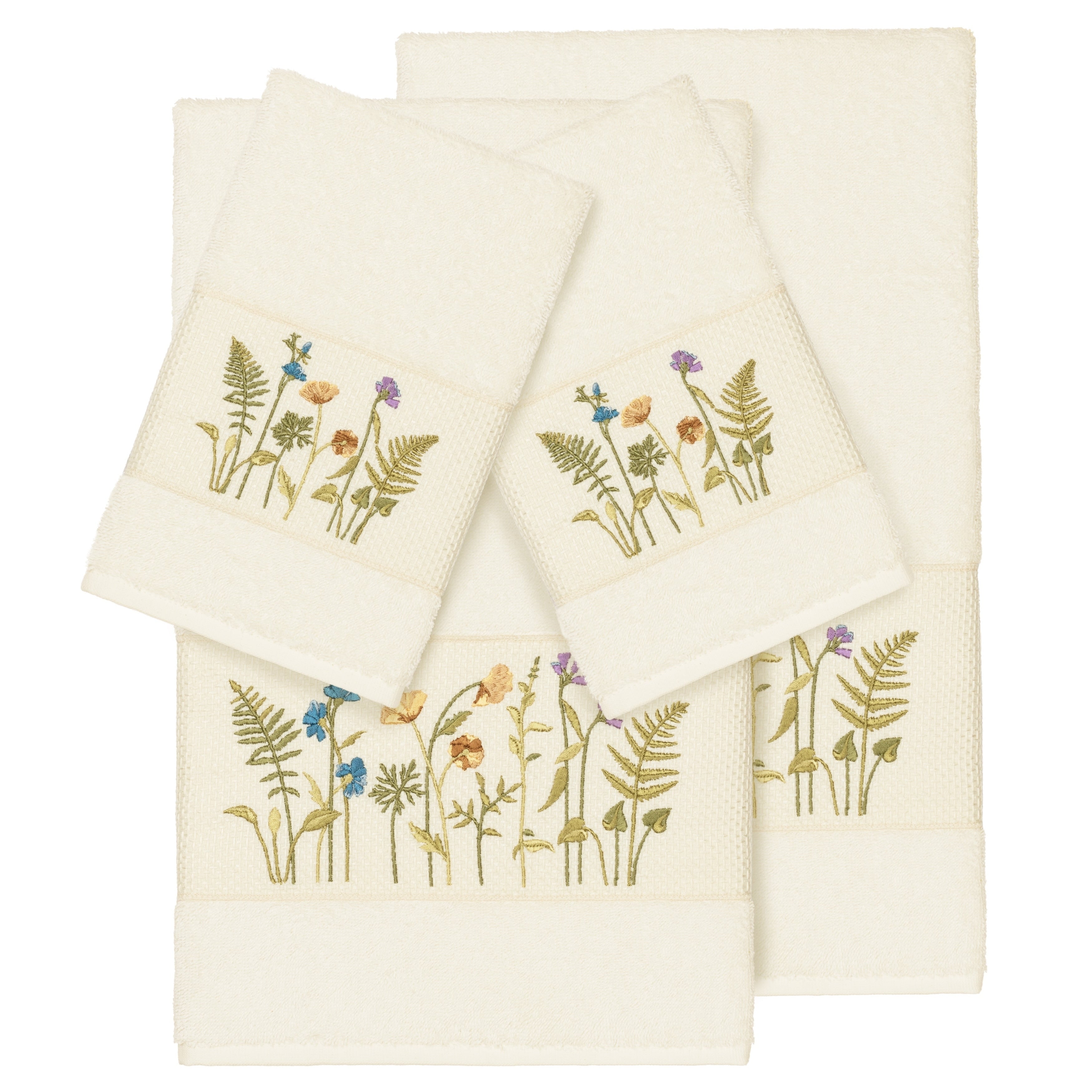 Authentic Hotel And Spa Cream Turkish Cotton Wildflowers Embroidered 4 Piece Towel Set