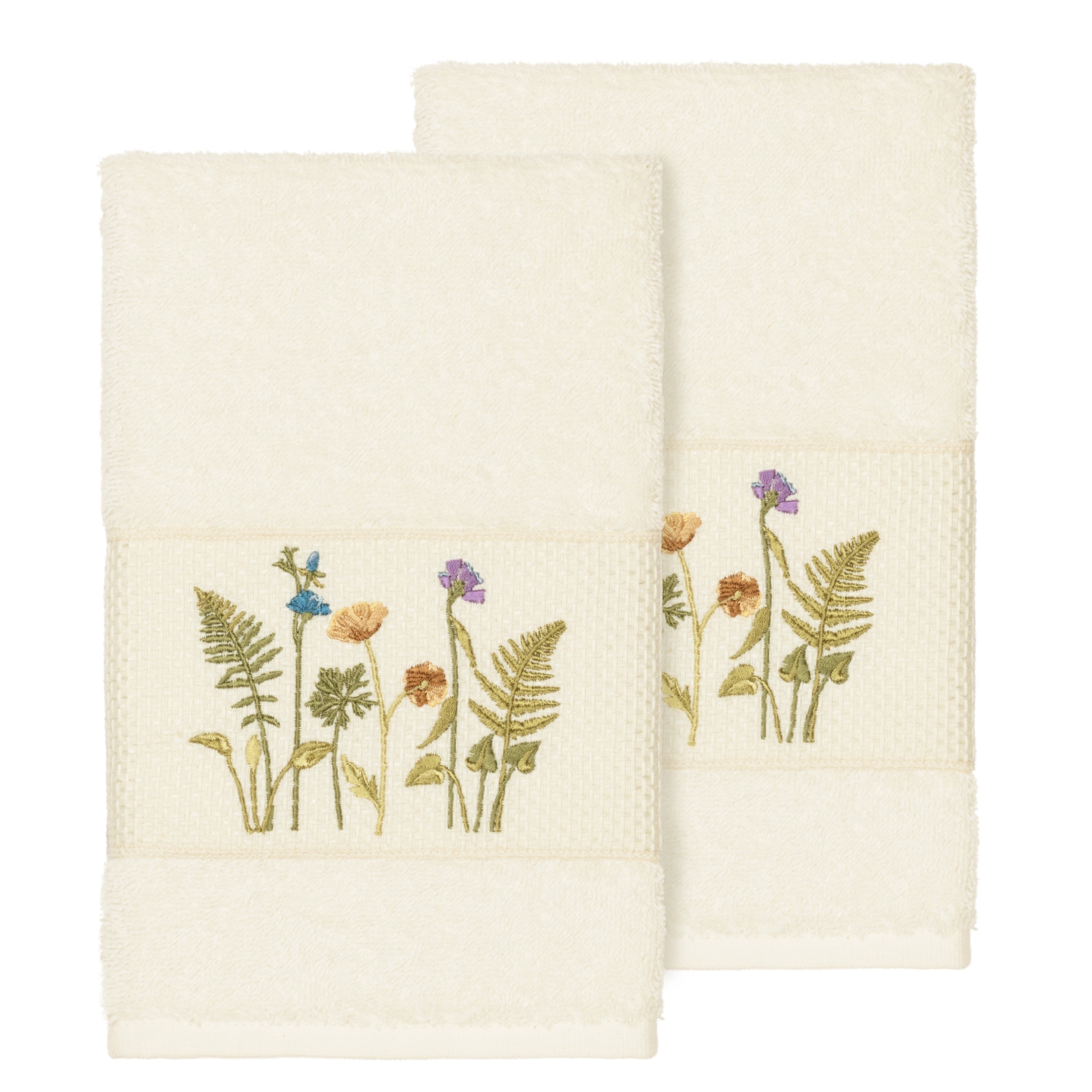 Authentic Hotel And Spa Cream Turkish Cotton Wildflowers Embroidered Hand Towels Set Of 2