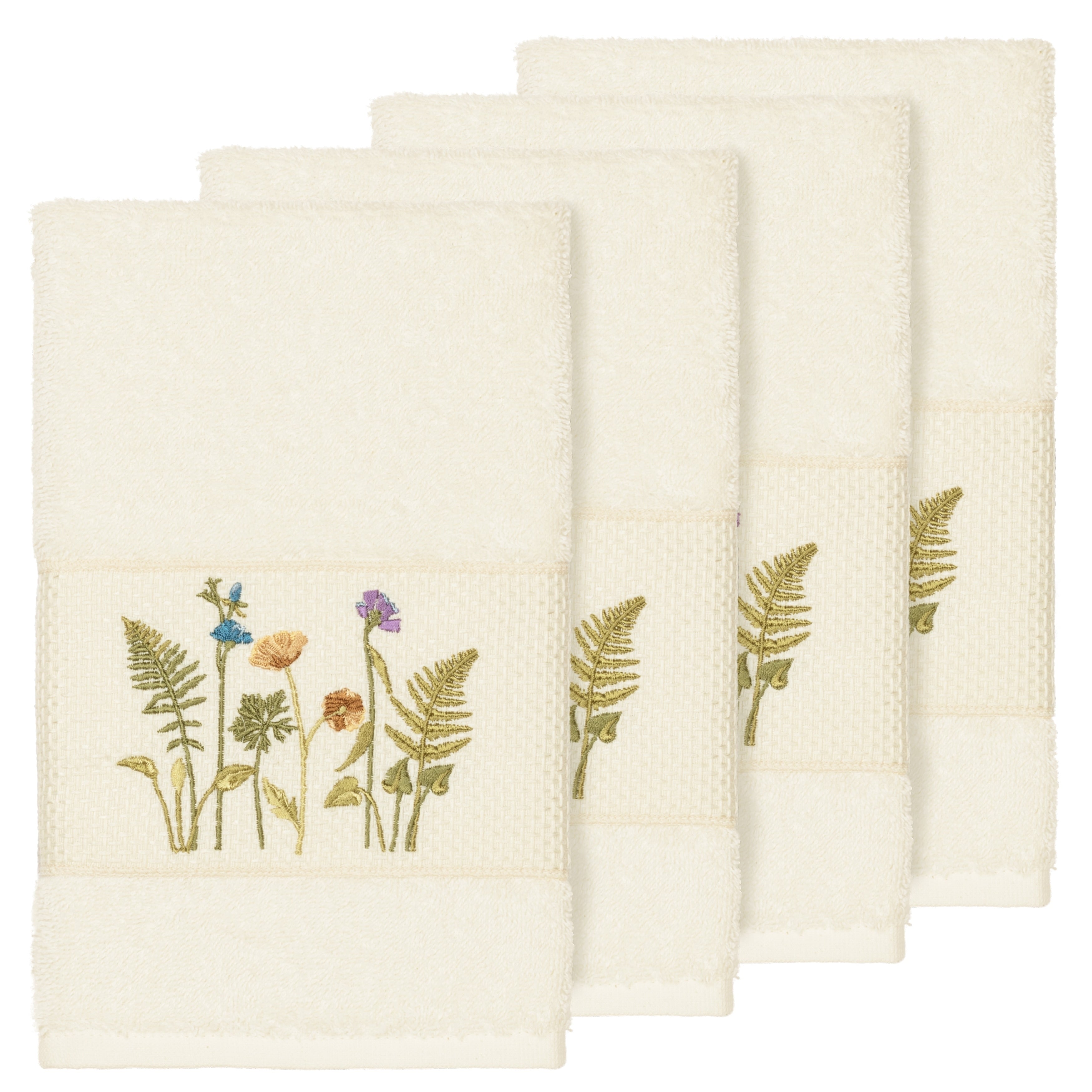 Authentic Hotel And Spa Cream Turkish Cotton Wildflowers Embroidered Hand Towels Set Of 4