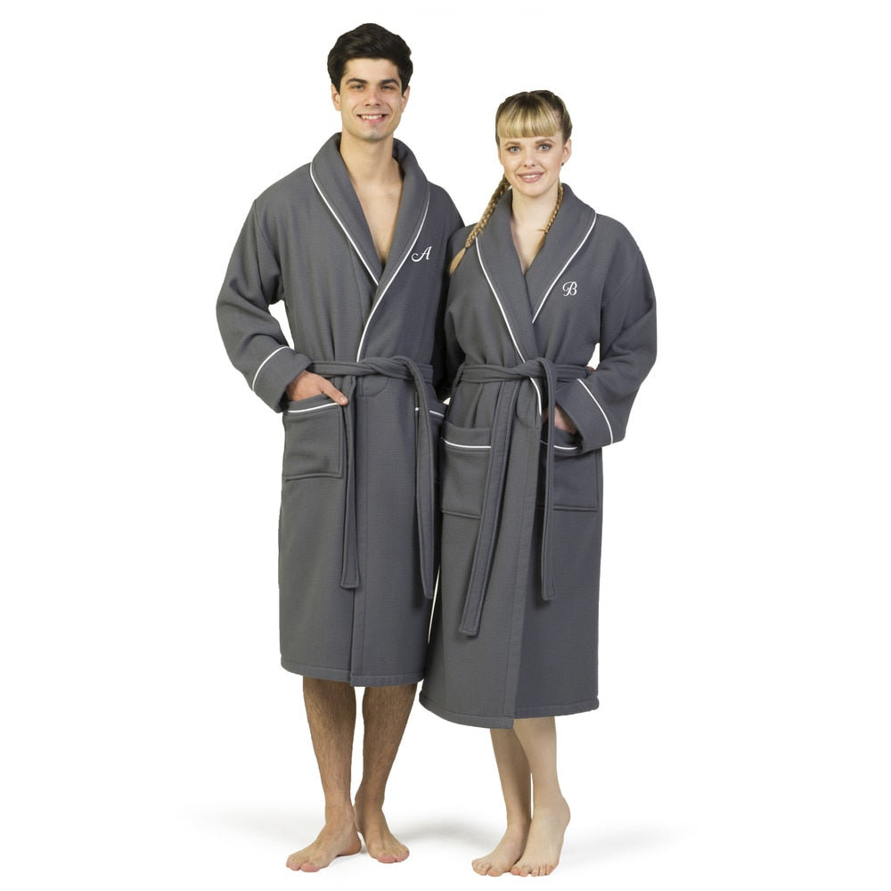 Authentic Hotel And Spa Dark Grey Unisex Turkish Cotton Waffle Weave Terry Bath Robe With White Script Monogram