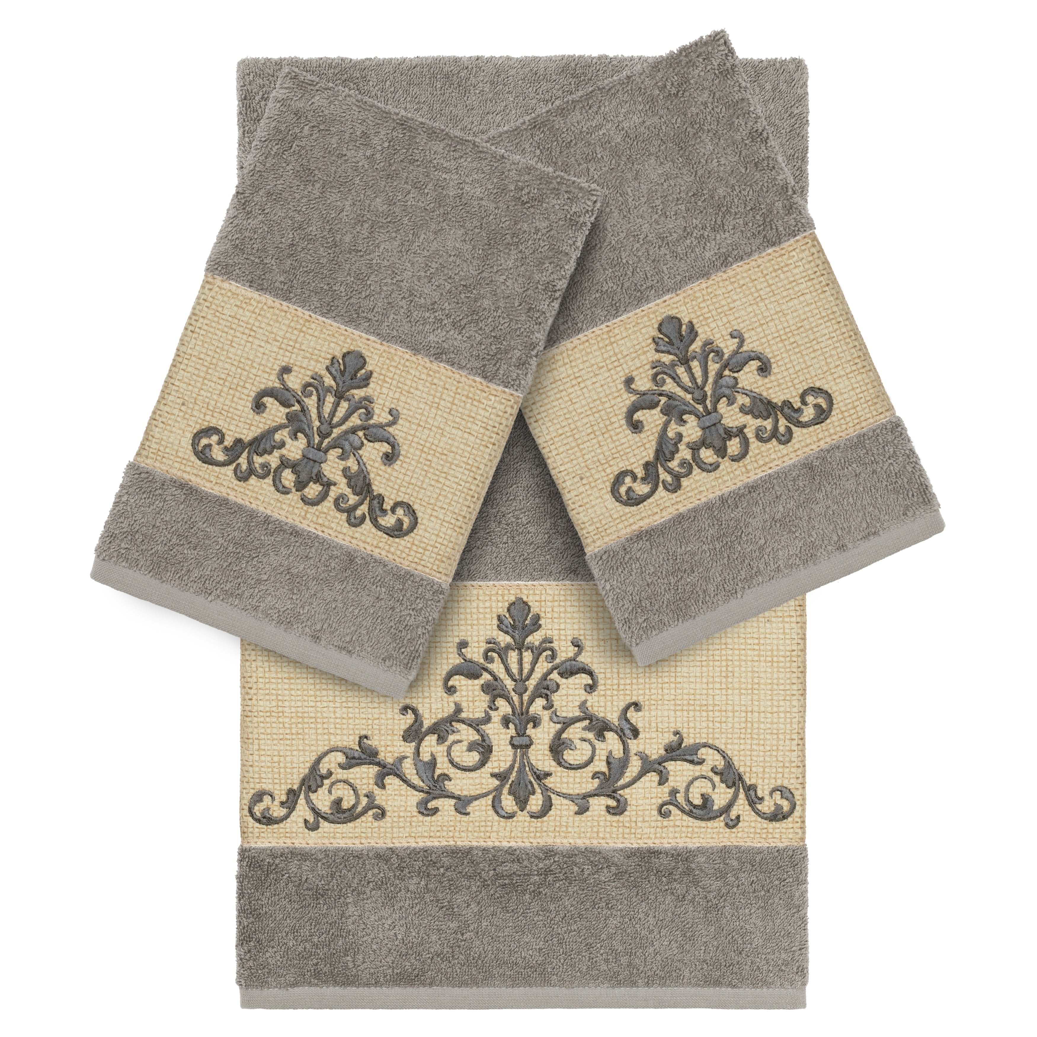 Authentic Hotel And Spa Grey Turkish Cotton Scrollwork Embroidered 3 Piece Towel Set