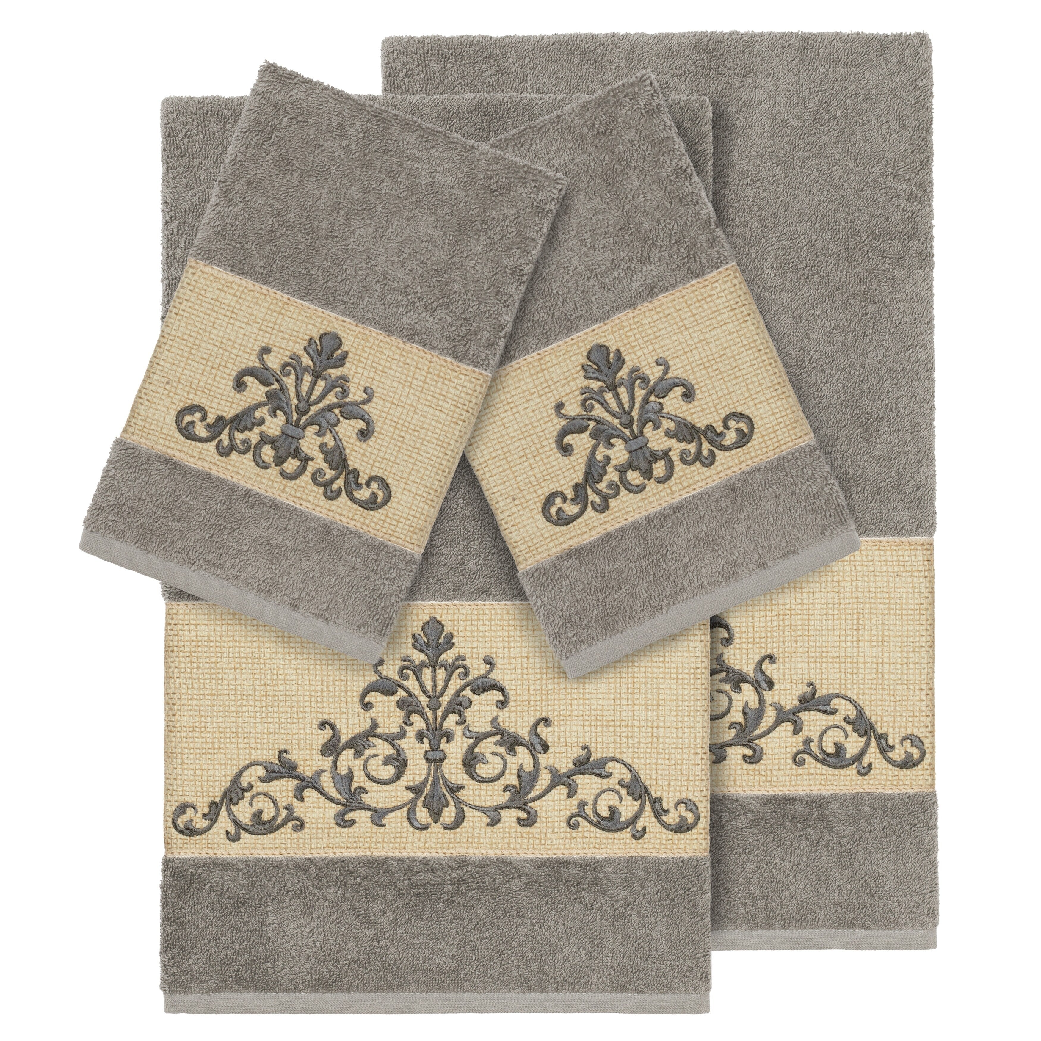 Authentic Hotel And Spa Grey Turkish Cotton Scrollwork Embroidered 4 Piece Towel Set
