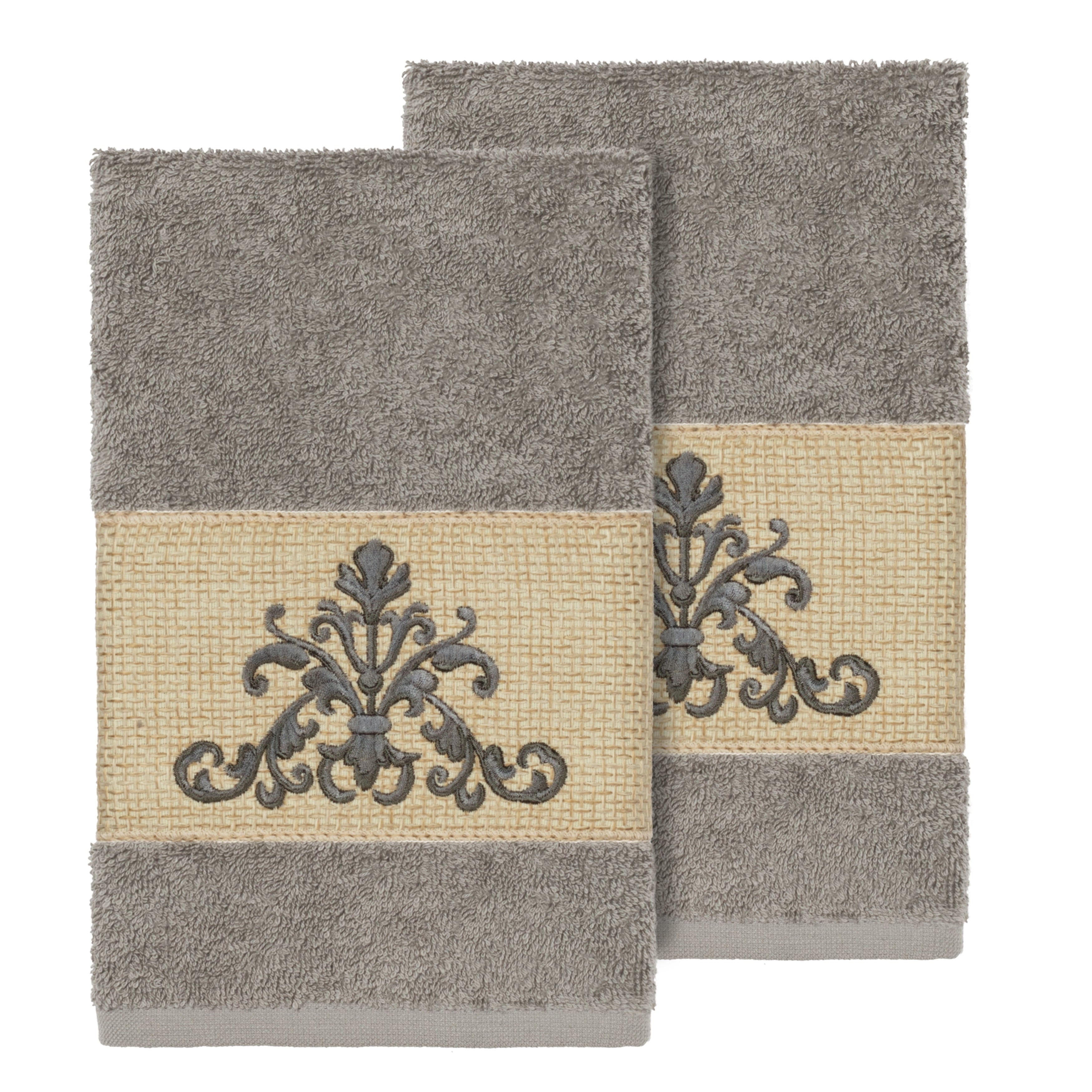 Authentic Hotel And Spa Grey Turkish Cotton Scrollwork Embroidered Hand Towels Set Of 2