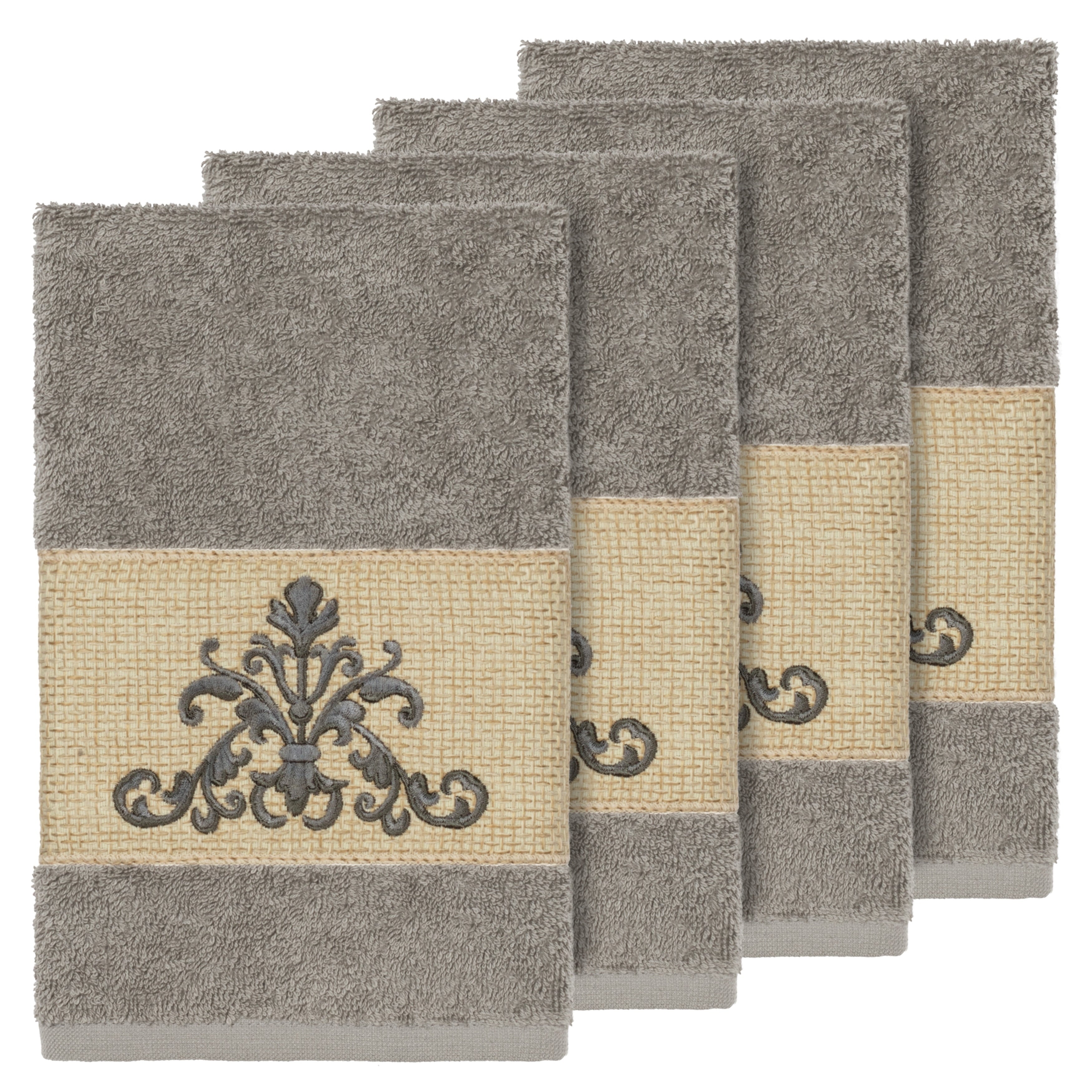 Authentic Hotel And Spa Grey Turkish Cotton Scrollwork Embroidered Hand Towels Set Of 4