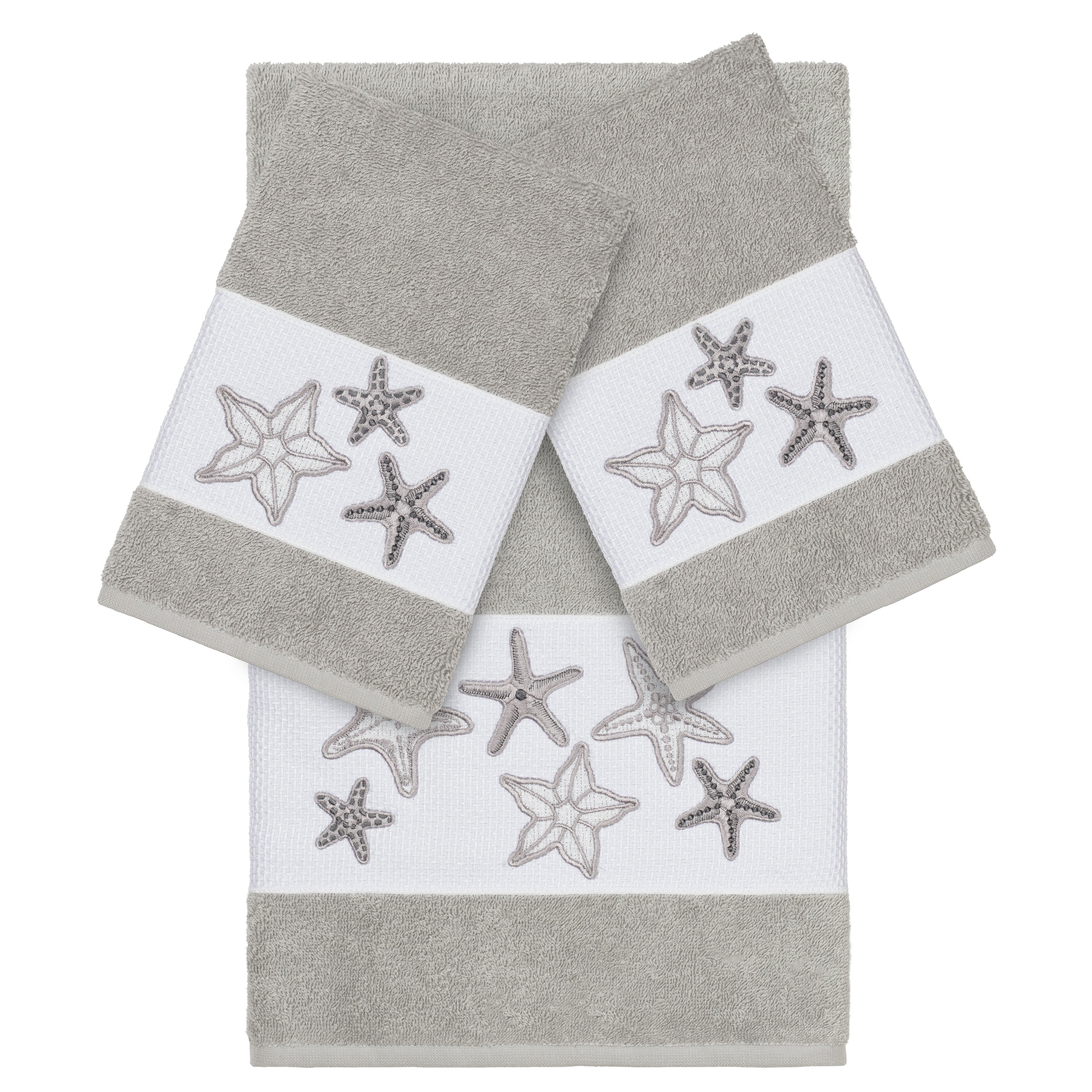 Authentic Hotel And Spa Grey Turkish Cotton Starfish Embroidered 3 Piece Towel Set