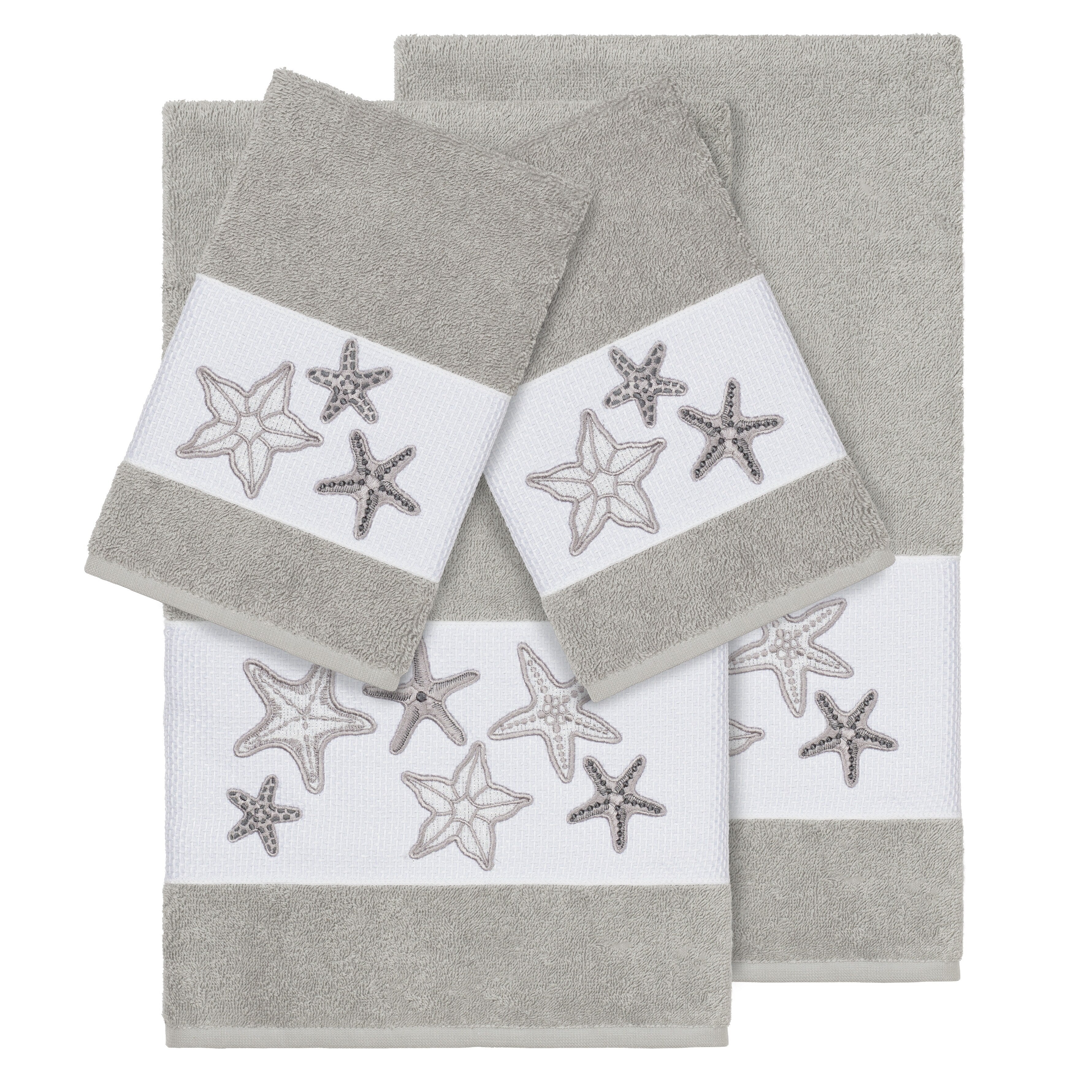 Authentic Hotel And Spa Grey Turkish Cotton Starfish Embroidered 4 Piece Towel Set