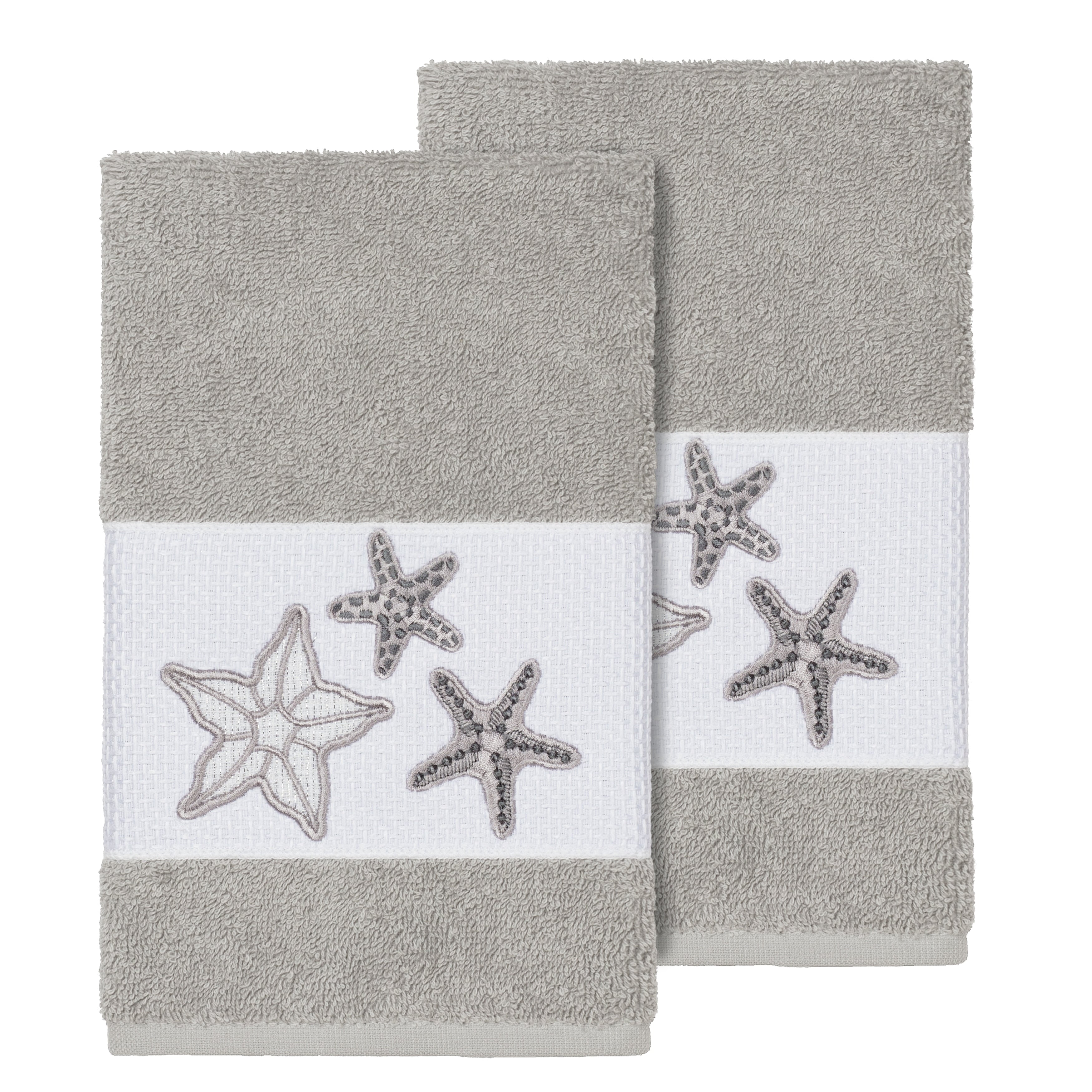Authentic Hotel And Spa Grey Turkish Cotton Starfish Embroidered Hand Towels Set Of 2