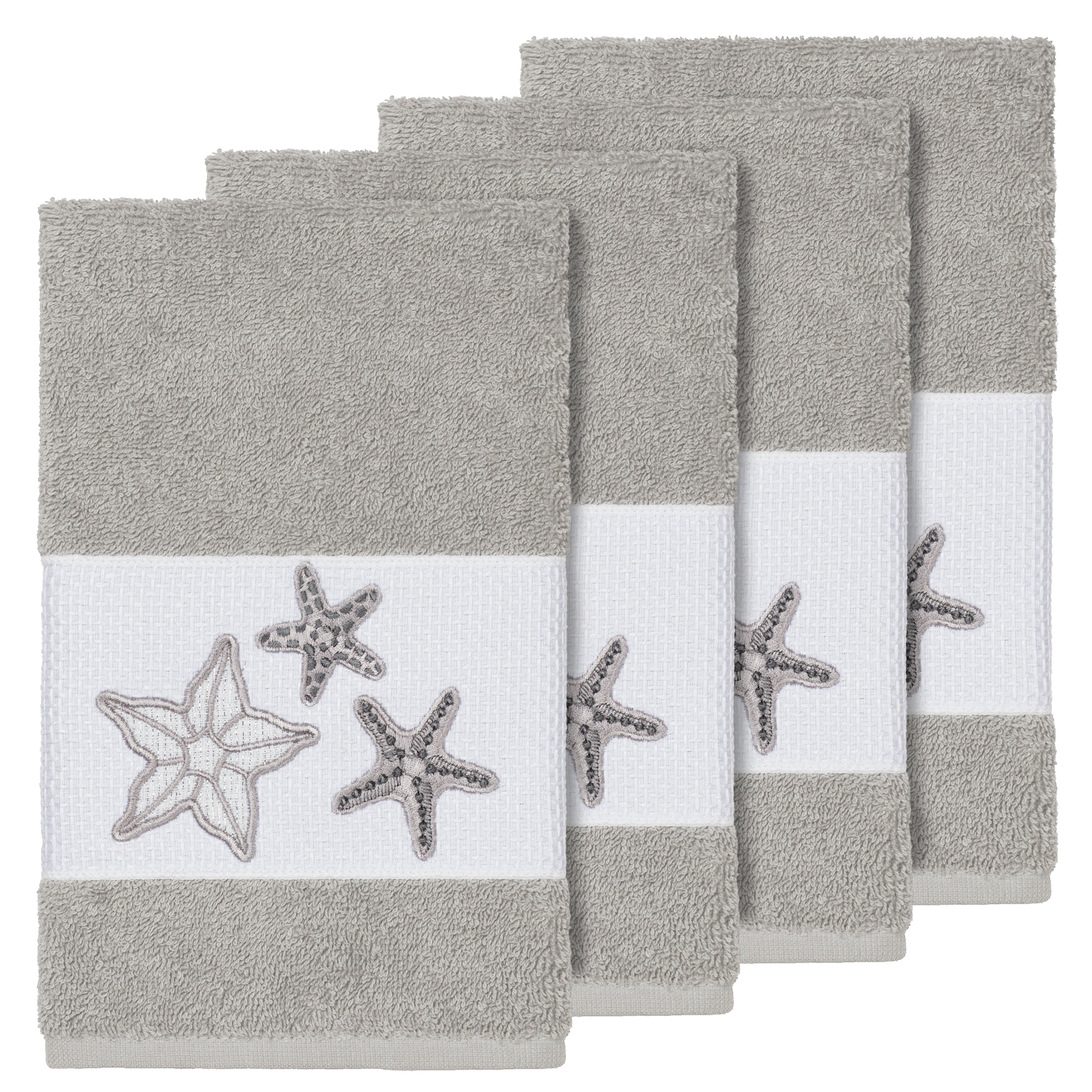 Authentic Hotel And Spa Grey Turkish Cotton Starfish Embroidered Hand Towels Set Of 4