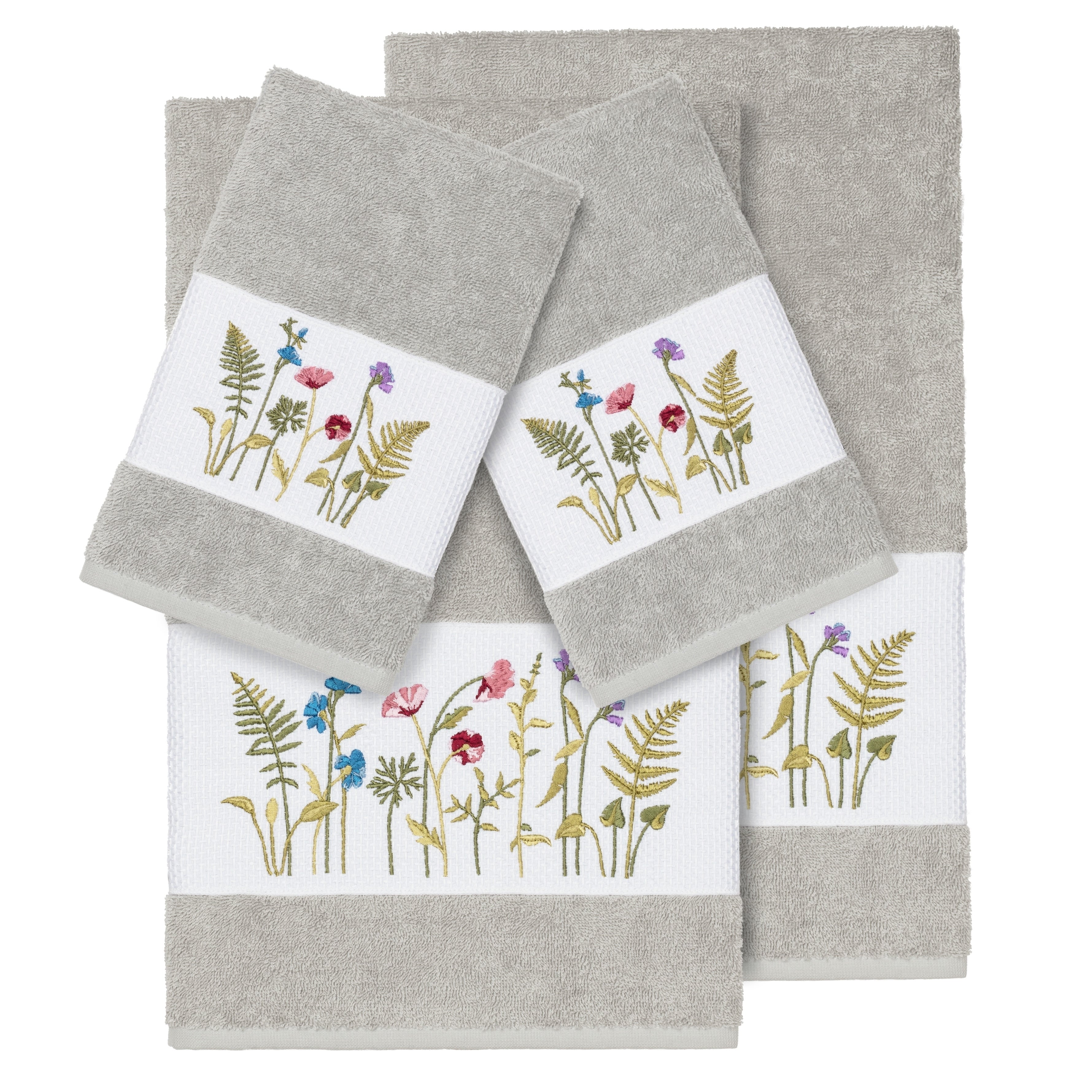 Authentic Hotel And Spa Grey Turkish Cotton Wildflowers Embroidered 4 Piece Towel Set